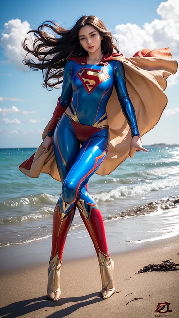 Masterpiece, best quality, NVIDIA RTX, 1girl, full makeups, extremely beautiful, longwavy hair, hair blown by winds, sharp picture, realistic face and skin details, cinematic lightning, facing camera, intricate details, ((Supergirl)), ((tight blue and red suit)), ((tight blue latex panties:1.3)), ((limbs armor:1.3)), ((wearing red tights on your beautiful legs:1.2)), ((Supergirl symbol)), ((cameltoe:1.4)), perfect face, proportional fit body, tall girl , (red-cape blown by strong winds:1.3), ((full body)), posing in the middle, symmetrical pose, ultra lights reflection, morning at the beach, from below