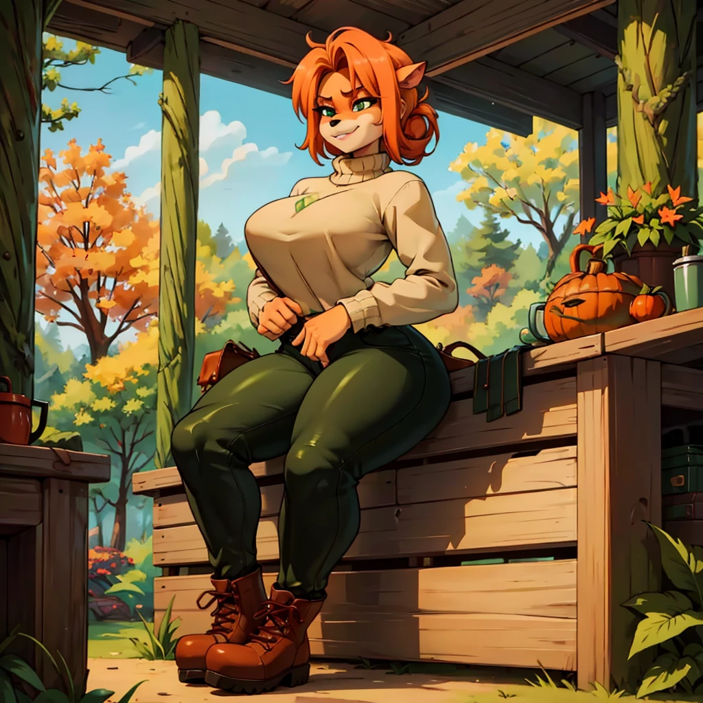 sancy anthro bandicoot girl redhead, braided hair, beautiful green eyes, sexy ,seductive, warm sweater, , camouflage pants, army boots, , Cozy autumn atmosphere, , the forest, autumn , Girl in sweater, ,trousers, army boots, furry anthro bandicoot, seductive facial expression wide grin , hands to pants, dynamic pose,
