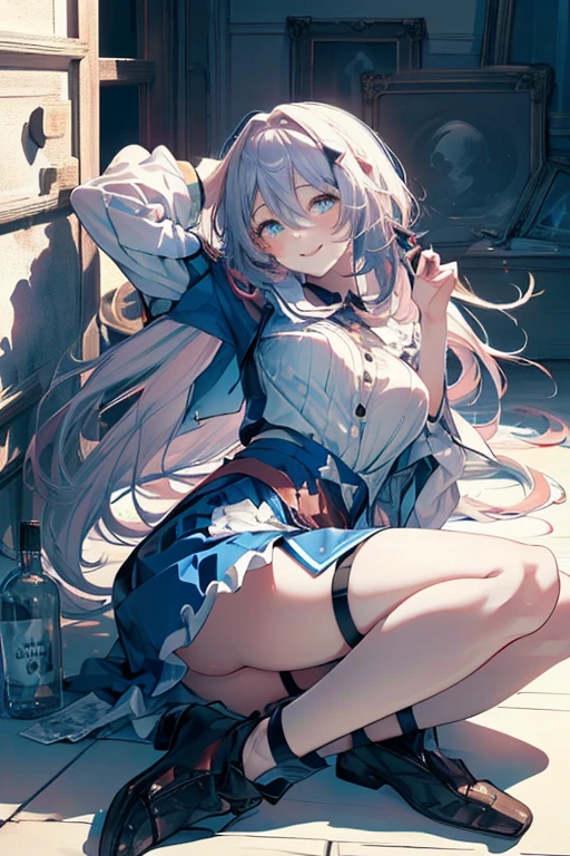 (master piece, high-quality, Mystical, long legs:1.2, ideal ratio of body proportions), (ultra high resolution, 8K RAW photo, photorealistics, natural lighting, textile shading), long shot photo:1.6, (1 beautiful anime girl:1.3, , solo:1.6, milf:1.5, nsfw:1.2, full body:1.3), shinny skin, BREAK, ((alice in the wonderland:1.3, cute, kawaii, lovely, funny, a girl falling down from sky:1.7, girl flying in sky:1.5, girl floating in air:1.3, rolling upskirt by wind:1.5, (full smiling:1.3), surprised, putting hands on crotch over the skirts:1.35)), BREAK, ((floating things as follows, PlayingCards, Trump, tea cup, tea pot, tea spoons, pocket watch:1.3, lip sticks, candies:1.2, cookies, jam bottles, classical door_keys)), ((purply_Blue dress :1.5, wearing long flaired skirt:1.3, the skirt is blowing:1.3, White Apron, white stockingedium long platinum-blonde hair:1.2, twin tail hair:1.6, tied hair with a large ribbon), (Blue eyes, bright pupils with highlights, detailed eyes), (lying down on your back:1.6, spreading legs with rising up straight:1.5), ((dutch angle:1.5, full body:1.3, ass focus:1.3, from below:1.5, unbalance posture)), fantastic colorful art, (fantasy art:1.5, wondered images), ((correct anatomy:1.5, perfect anatomy:1.3, correct hand, small foot:1.2)),
