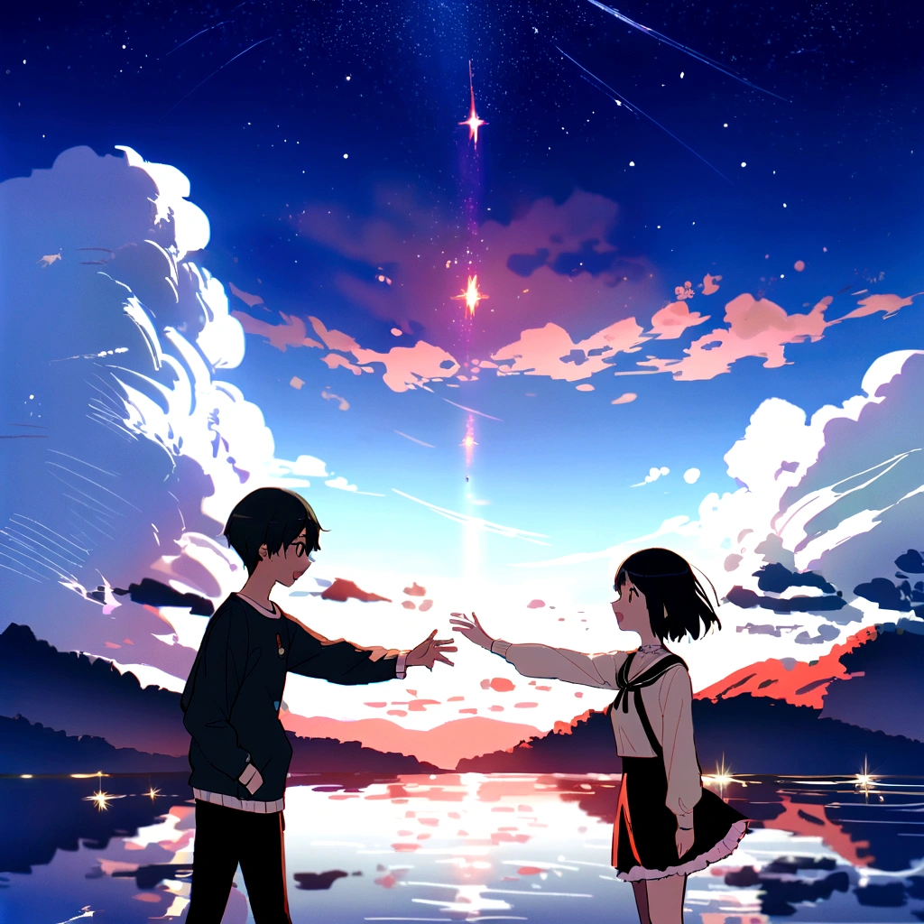 anime scene of a boy and a girl in front of a lake, ( ( makoto shinkai ) ), guweiz and makoto shinkai, Kimi No Na Wa, Seu Nome, Makoto Shinkai's film, makoto shinkai!, mokoto shinkai, makoto shinkai and bioware, makoto shinkai!!