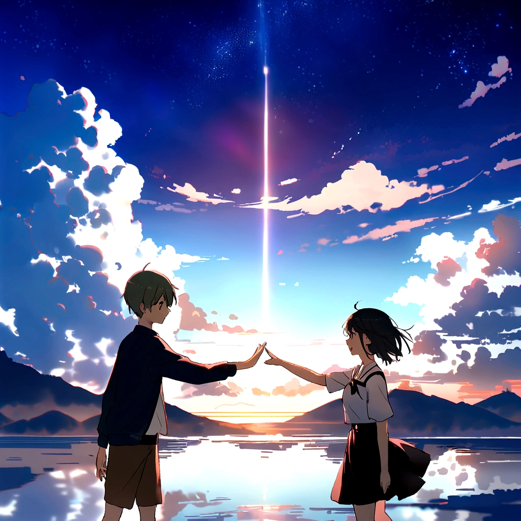 anime scene of a boy and a girl in front of a lake, ( ( makoto shinkai ) ), guweiz and makoto shinkai, Kimi No Na Wa, Seu Nome, Makoto Shinkai&#39;s film, makoto shinkai!, mokoto shinkai, makoto shinkai and bioware, makoto shinkai!!
