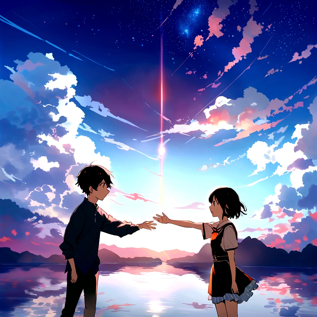 anime scene of a boy and a girl in front of a lake, ( ( makoto shinkai ) ), guweiz and makoto shinkai, Kimi No Na Wa, Seu Nome, Makoto Shinkai's film, makoto shinkai!, mokoto shinkai, makoto shinkai and bioware, makoto shinkai!!