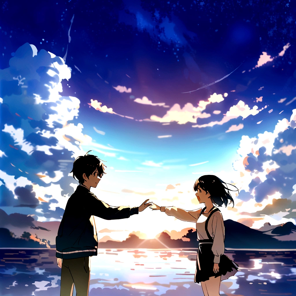 anime scene of a boy and a girl in front of a lake, ( ( makoto shinkai ) ), guweiz and makoto shinkai, Kimi No Na Wa, Seu Nome, Makoto Shinkai's film, makoto shinkai!, mokoto shinkai, makoto shinkai and bioware, makoto shinkai!!