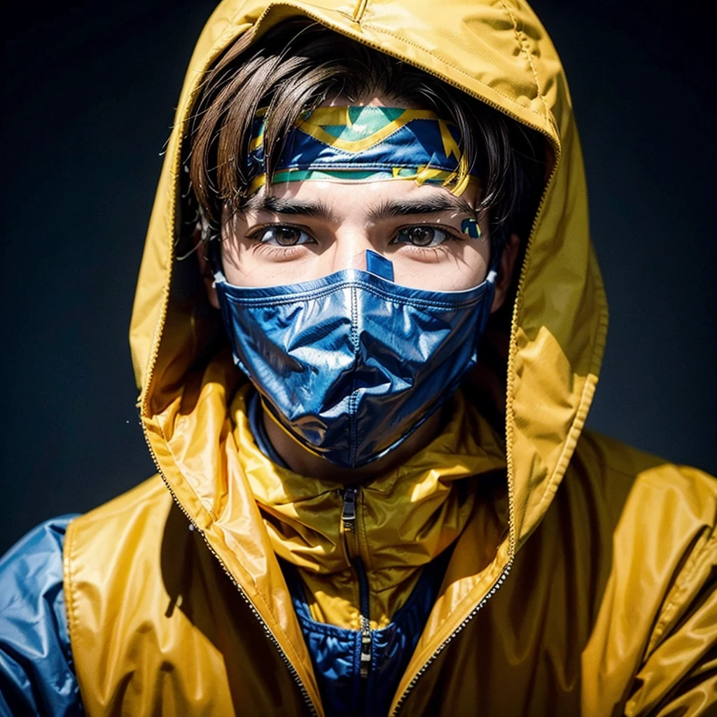 1 Man aged 20, with brown Mask with details on the top of the head to the chin in bluish iron, used yellow suit