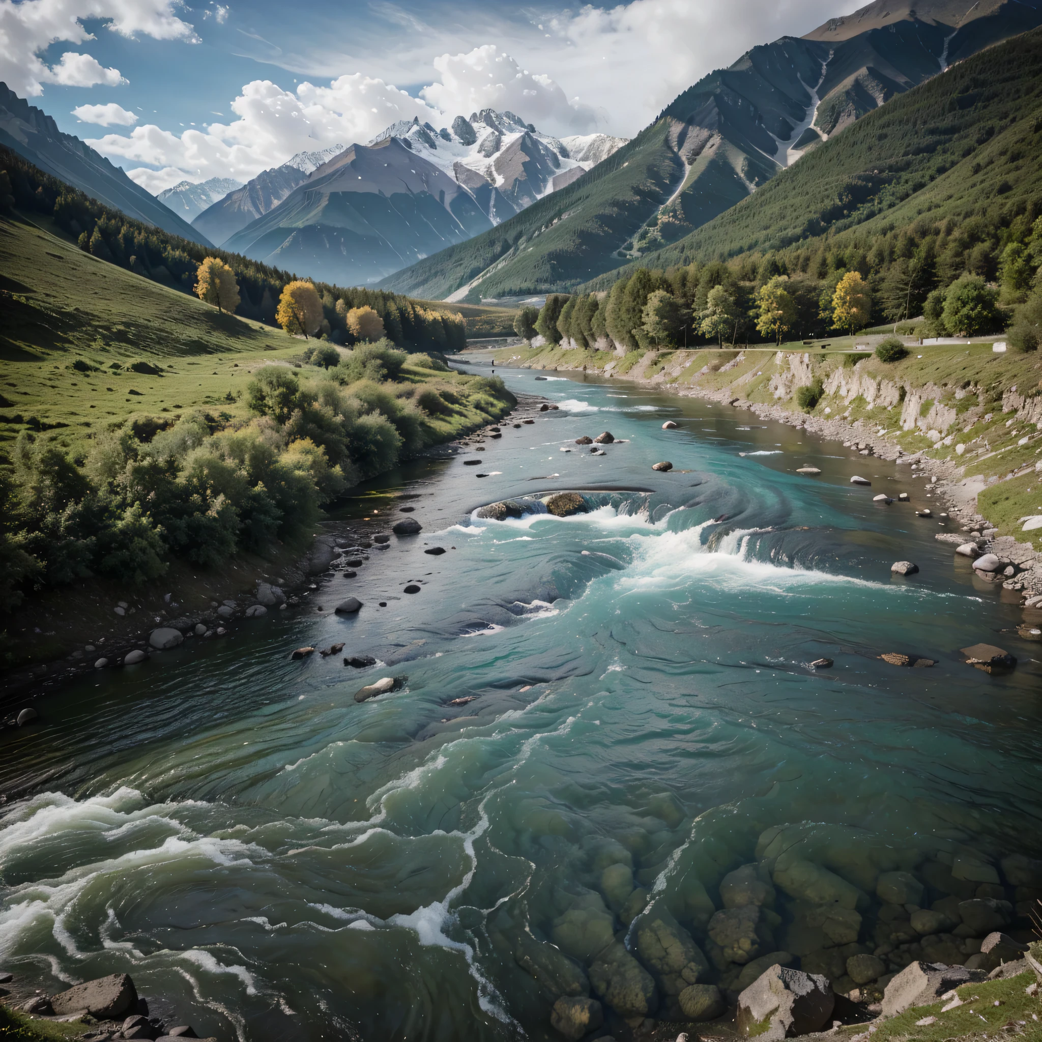 The image shows the high Caucasus mountains, rich colors, at the foot of the mountains flows a stormy river with clear water, super realization 8k, фотоаппарат canon , в далеке парит орел