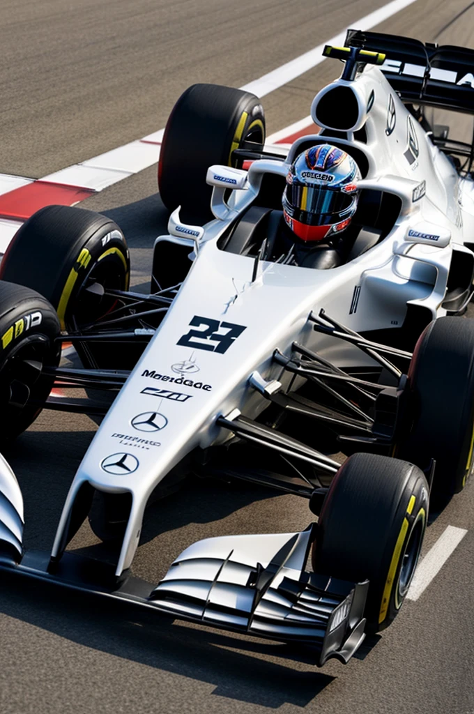 A Formula 1 single-seater, of the white Mercedes team