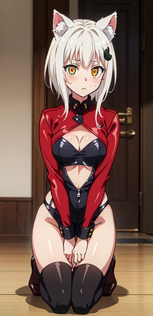 best quality, (masterpiece:1.2), highly detailed, cat ears, 1girl, tojou koneko, yellow eyes, white hair, short hair, hair ornament, 20-year-old, healthy skin, blushed,kneeling ,(ringed eyes ),((leather clothes))
