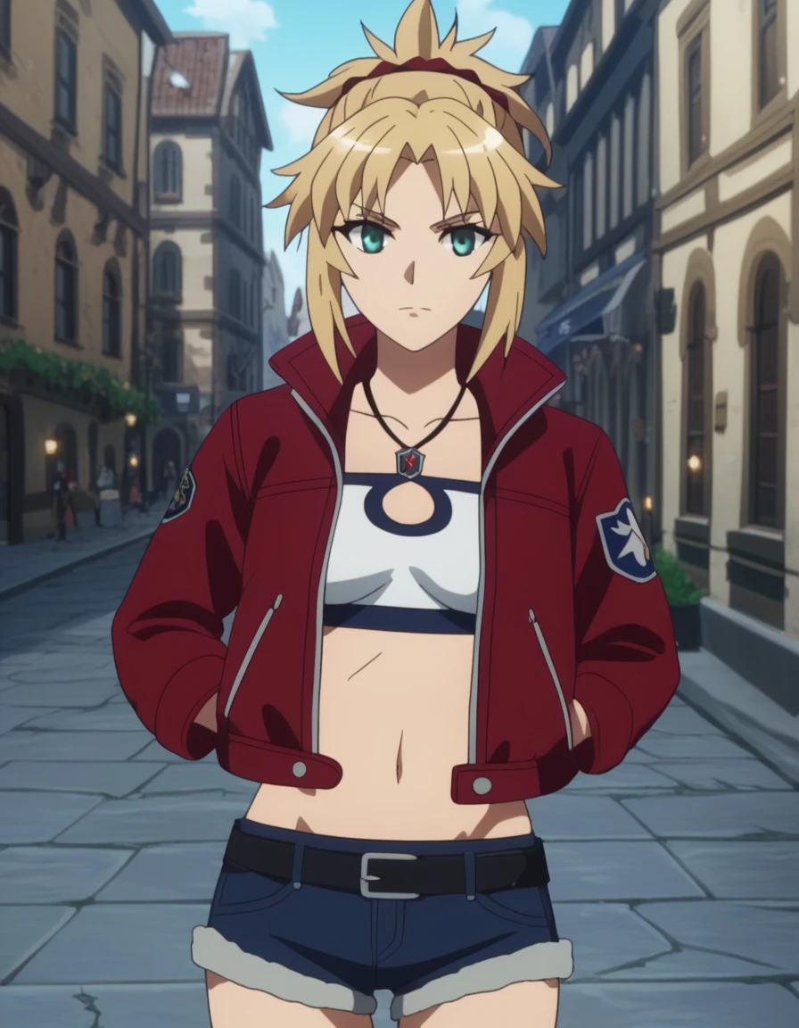 score_9, score_8_up, anime screencap, anime coloring, 
MordredFA,
1girl,
blonde hair, ponytail, parted bangs, red scrunchie, green eyes, french braid,
MordredCasual, necklace, red jacket, open jacket, white shirt, crop top, clothing cutout, short shorts, denim, fur trim, black belt,
standing, looking at viewer, thigh gap, hands in pockets,
outdoors, city, medieval