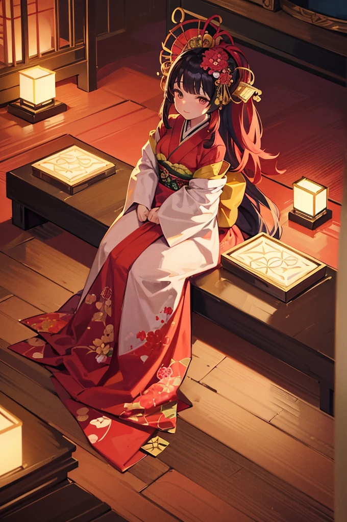 A beautiful Japanese woman is depicted in a vertical, anime-style portrait set in a rich, vibrant background filled with traditional elements. She is dressed in an elaborate, brightly colored kimono adorned with intricate floral patterns and detailed embroidery. The kimono is primarily red with accents of gold, blue, and green, creating a striking and opulent appearance. Her hair is styled in an elaborate updo, adorned with traditional hair ornaments and flowers, enhancing her elegant and regal presence.
The background is a lush, traditional Japanese setting filled with blooming cherry blossoms and ornate decor. On one side of the scene, a large red paper umbrella with white patterns is placed, adding a classic touch to the setting. Traditional Japanese lanterns cast a warm, soft glow, illuminating the intricate details of the woman's kimono and the surrounding decor. The background features a mix of vibrant flowers in red, pink, and green, creating a rich and colorful environment that complements the woman's attire.
The floor is covered with colorful, intricately designed fabrics and traditional tatami mats, adding texture and depth to the scene. The decor elements include golden screens and lacquered furniture, further emphasizing the traditional and luxurious atmosphere. The overall setting is reminiscent of a high-class oiran or courtesan's quarters from the Edo period, adding an element of historical elegance to the scene.
The lighting in the illustration is warm and inviting, casting gentle highlights on the woman's face and the folds of her kimono. The artist employs digital painting techniques to achieve a high level of detail and vibrant colors, particularly in the floral patterns on the kimono and the intricate background elements. The use of soft gradients and subtle brushstrokes adds a sense of depth and realism to the anime-style illustration.
The woman's expression is serene and composed, with large, expressive anime-style eyes that convey a sense