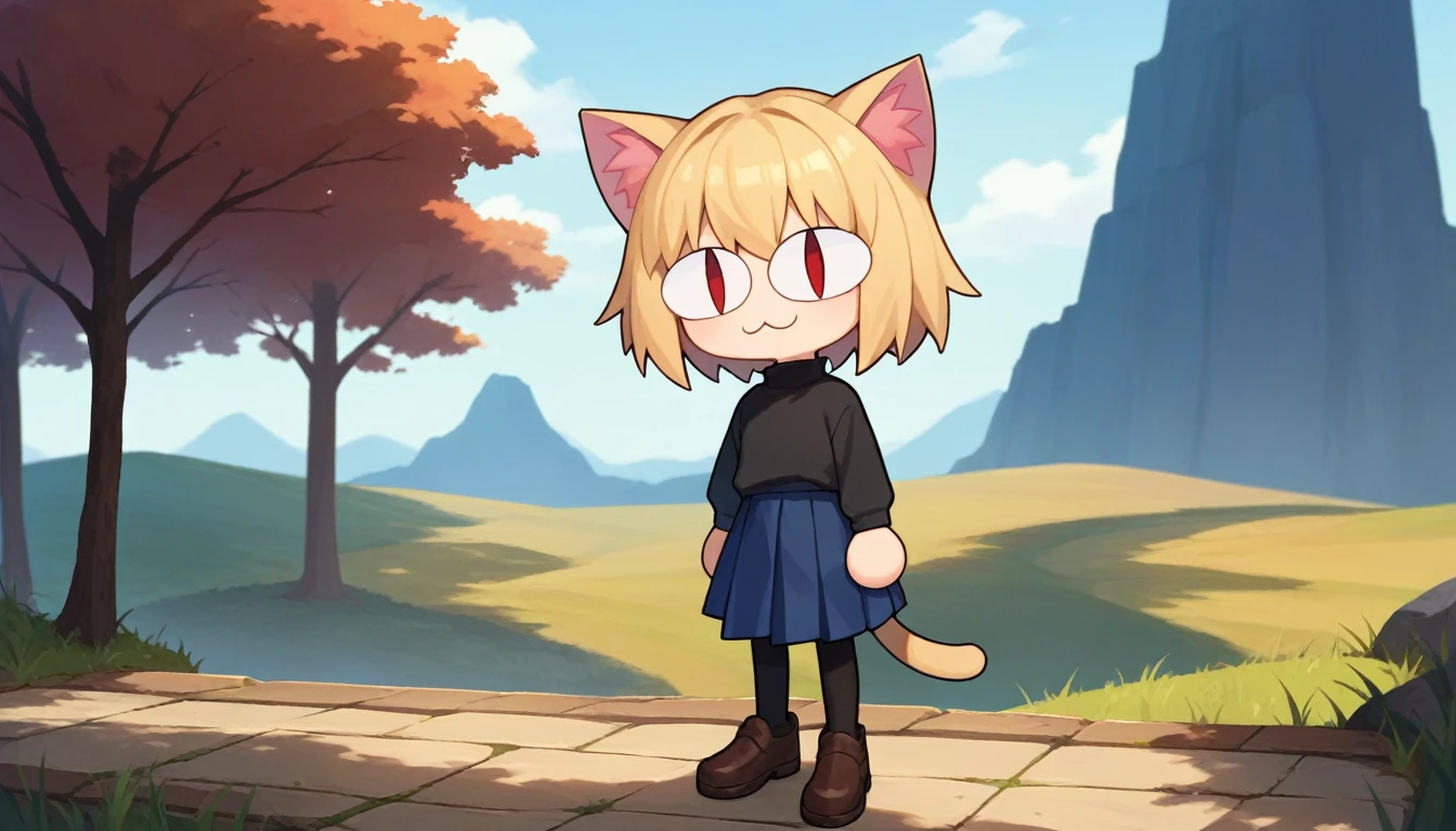 score_9, score_8_up, score_7_up, score_6_up, score_5_up, score_4_up, BREAK, 1boy, solo, necoarc, lit pupils, cat ears, blonde hair, red eyes, :3, turtleneck, blue skirt, pleated skirt, hose, brown footwear, highlight thighs, landscape