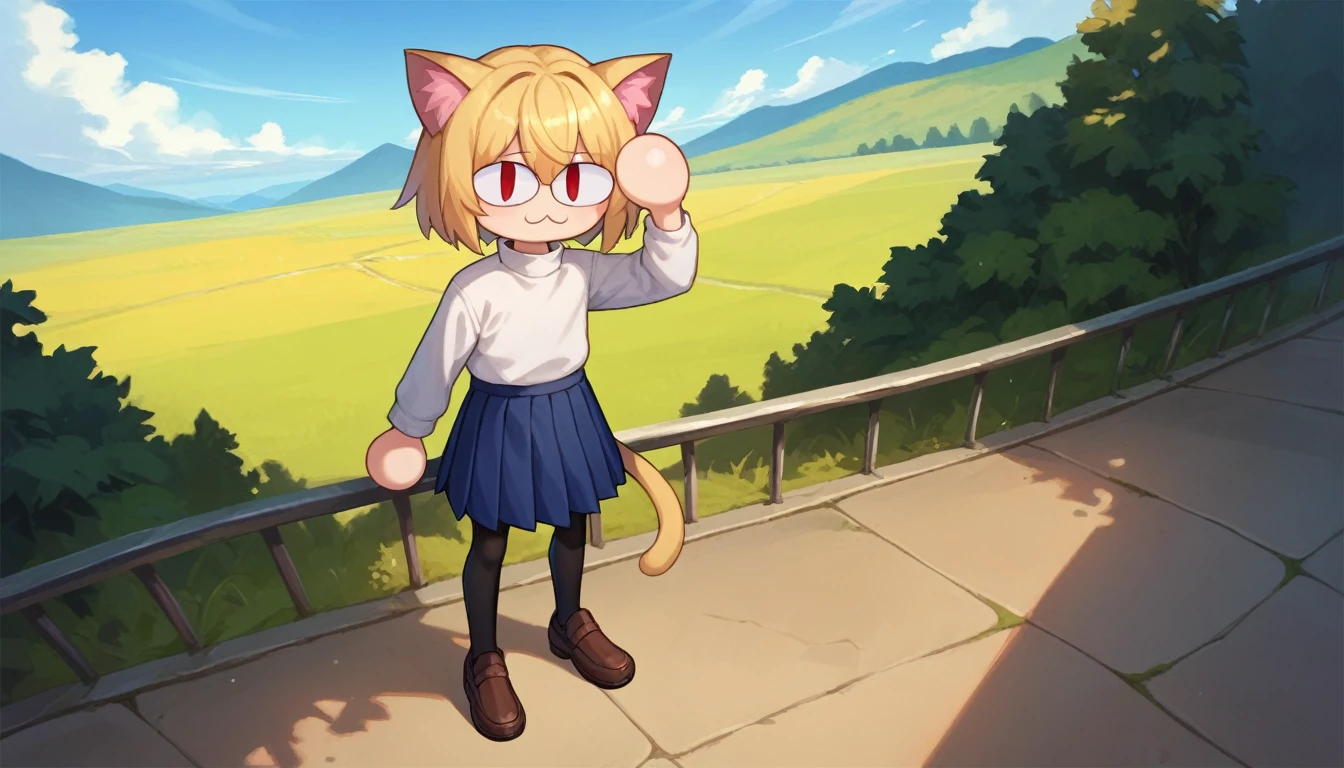 score_9, score_8_up, score_7_up, score_6_up, score_5_up, score_4_up, BREAK, 1boy, solo, necoarc, lit pupils, cat ears, blonde hair, red eyes, :3, turtleneck, blue skirt, pleated skirt, pantyhose, brown footwear, highlight thighs, landscape