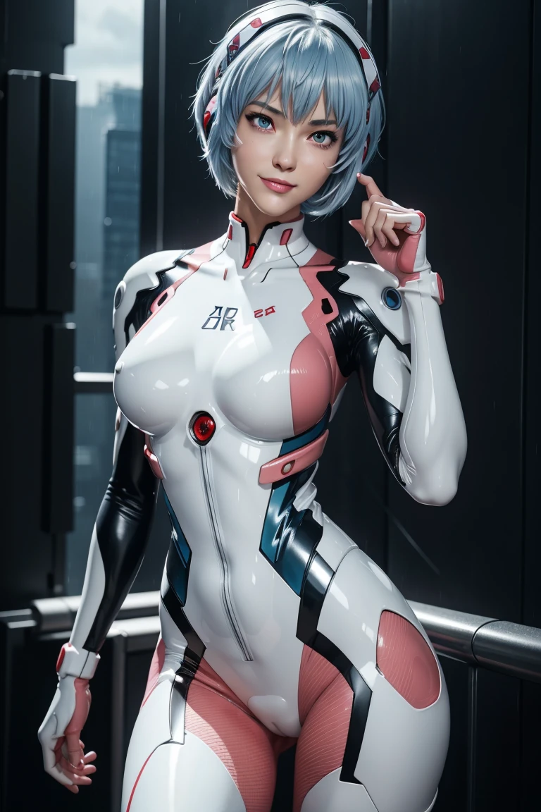 Evangelion,Rei Ayanami,Silver Blue Hair,Red eyes,Red Eyes,Plug Suit,Bodysuits,Interface Headset,白いBodysuits,Ultra HD,super high quality,masterpiece,Digital SLR,Photorealistic,Detailed details,Vivid details,Depicted in detail,A detailed face,Detailed details,Super Detail,Realistic skin texture,Anatomical basis,Perfect Anatomy,Anatomically correct hand,Anatomically correct fingers,Complex 3D rendering,Sexy pose,Rainy Sky,Beautiful scenery,Fantastic rainy sky,Picturesque,Pink Lips,smile,