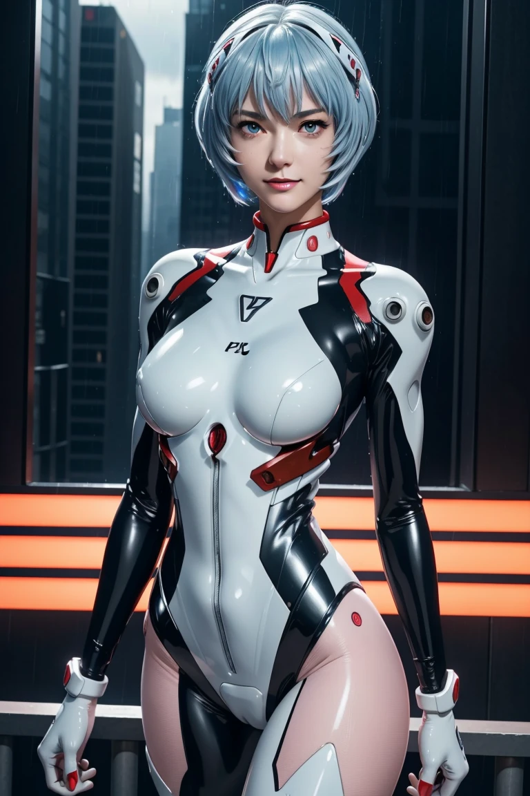 Evangelion,Rei Ayanami,Silver Blue Hair,Red eyes,Red Eyes,Plug Suit,Bodysuits,Interface Headset,白いBodysuits,Ultra HD,super high quality,masterpiece,Digital SLR,Photorealistic,Detailed details,Vivid details,Depicted in detail,A detailed face,Detailed details,Super Detail,Realistic skin texture,Anatomical basis,Perfect Anatomy,Anatomically correct hand,Anatomically correct fingers,Complex 3D rendering,Sexy pose,Rainy Sky,Beautiful scenery,Fantastic rainy sky,Picturesque,Pink Lips,smile,