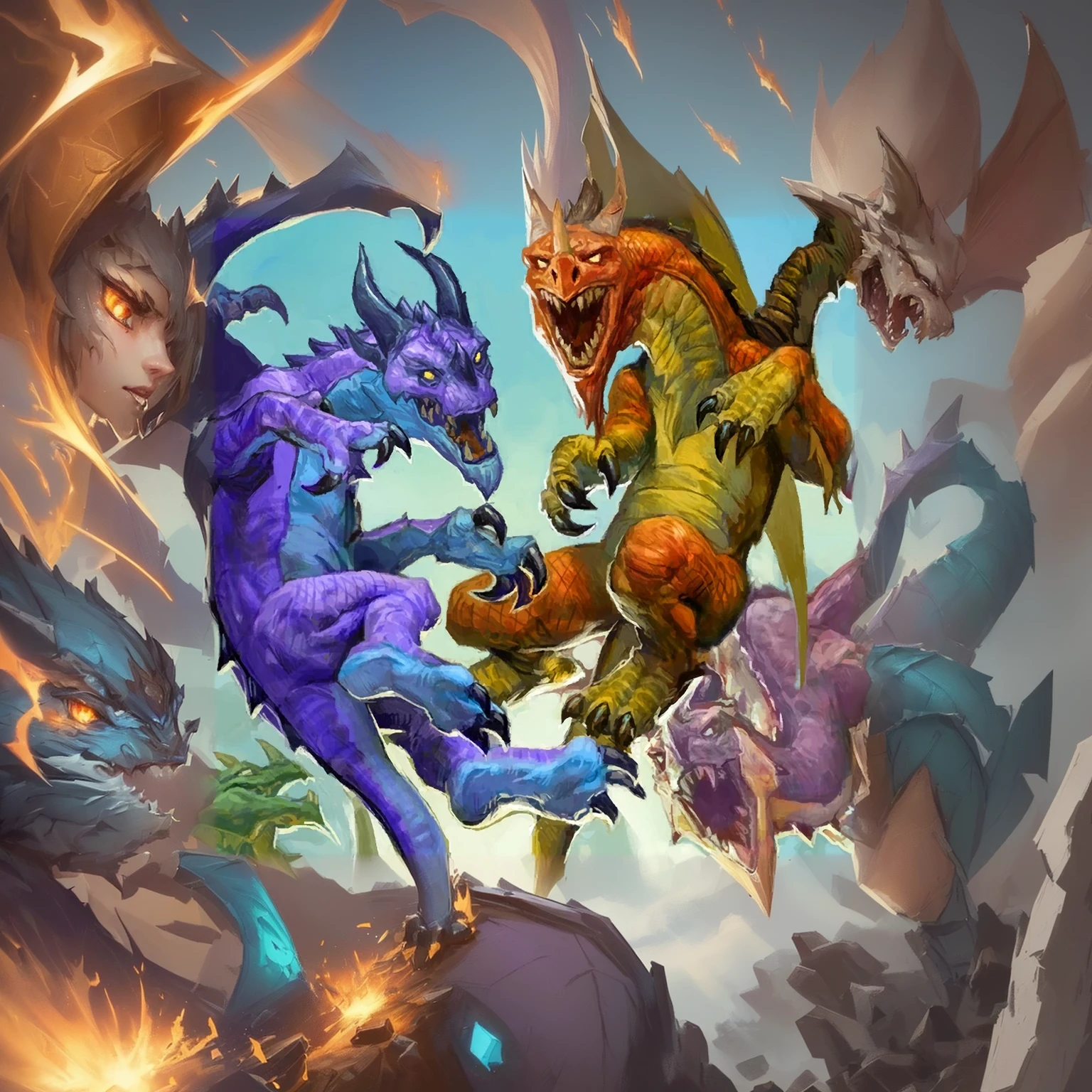 There are three dragons of different colors fighting each other, Brian Thomas (Brian Thomas) Concept Art, shutter, Fantasy Art, 《Hearthstone》Card game original picture. ”, Hearthstone艺术, 《Hearthstone》Card game original picture, 来自Hearthstone, Hearthstone卡牌艺术, Hearthstone艺术work, Magic the Gathering Card Art, Hearthstone卡牌艺术work, battle with dragon, Epic Fantasy Card Game Art, Hearthstone概念艺术, Magic  art