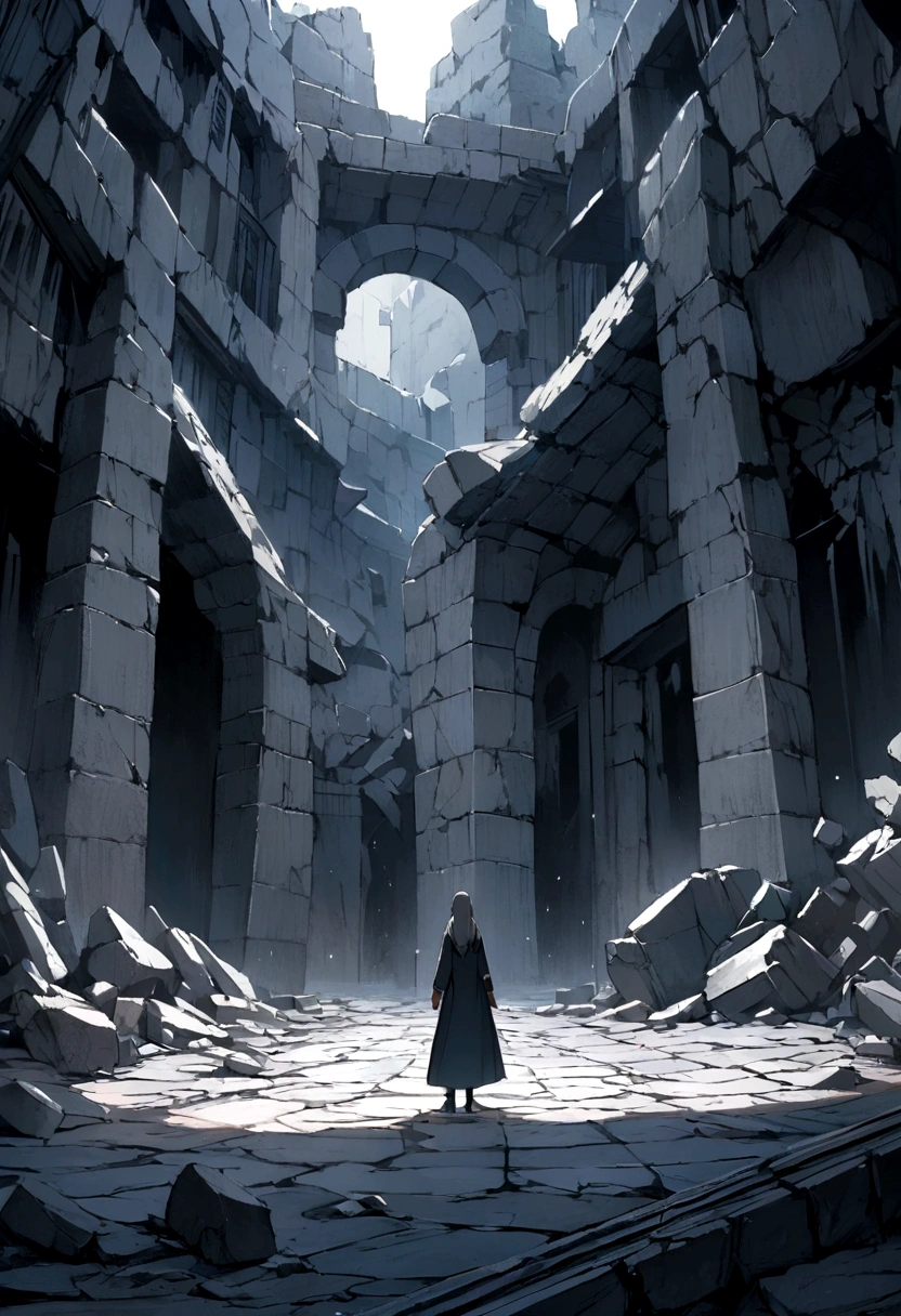The image of a ruin, its floor is made of broken stone tiles, its roof is made of concrete with some parts falling off, the two walls on the left and right side of the image are made of cement which have small cracks and some of them have fallen off. In the center of two other and smaller walls meeting each other, there is an opening above this meeting point that directs the light into the dark space.