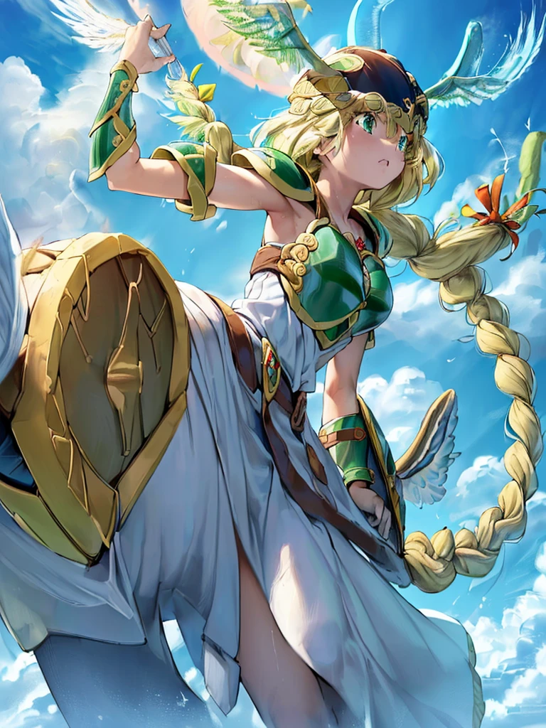 masterpiece,best quality, 1girl, 18yo, beautiful girl,BREAK,(Armor:1.8),(Helmet with wings:1.7),(Beautiful blonde,braid,Green Eyes:1.5),BREAK,(Proud face:1.3),BREAK, (blue sky:1.4),(Running on clouds:1.5),,(blue skyに舞う:1.5),