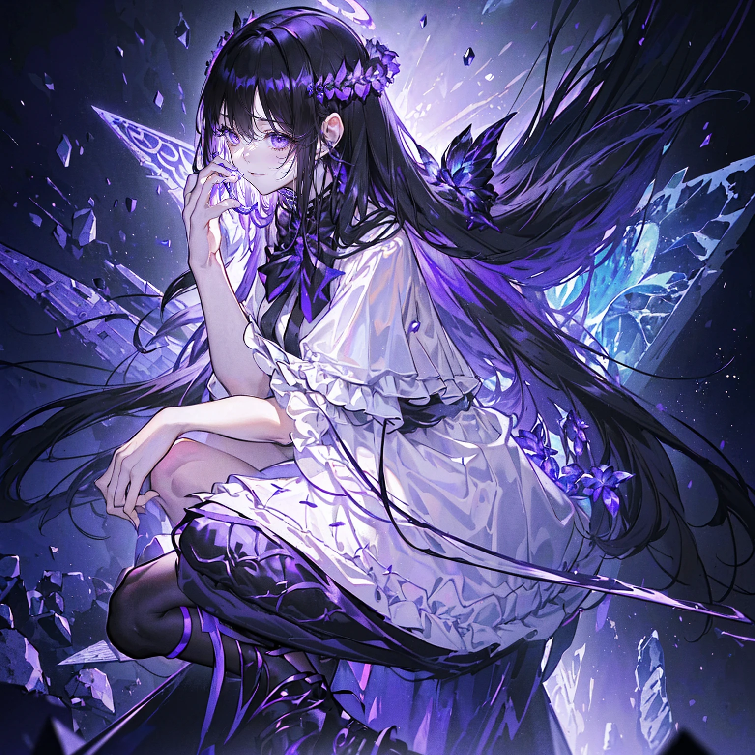 (Super detailed)),((illustration)),((masterpiece)),(((need))),((fine、Highest quality CG Unity 8K wallpapers,masterpiece),((4K,masterpiece,best quality)),woman with long black hair,Confined in a coffin,Mature,Hair tied on both sides,Black and gold tulle skirt,Black veil,Purple-white halo,Black and purple high heels,Full of flowers,pyramid,Emitting dim purple light,under deep sea,under deep sea的废墟,under deep sea排满棺材,Mysterious symbols