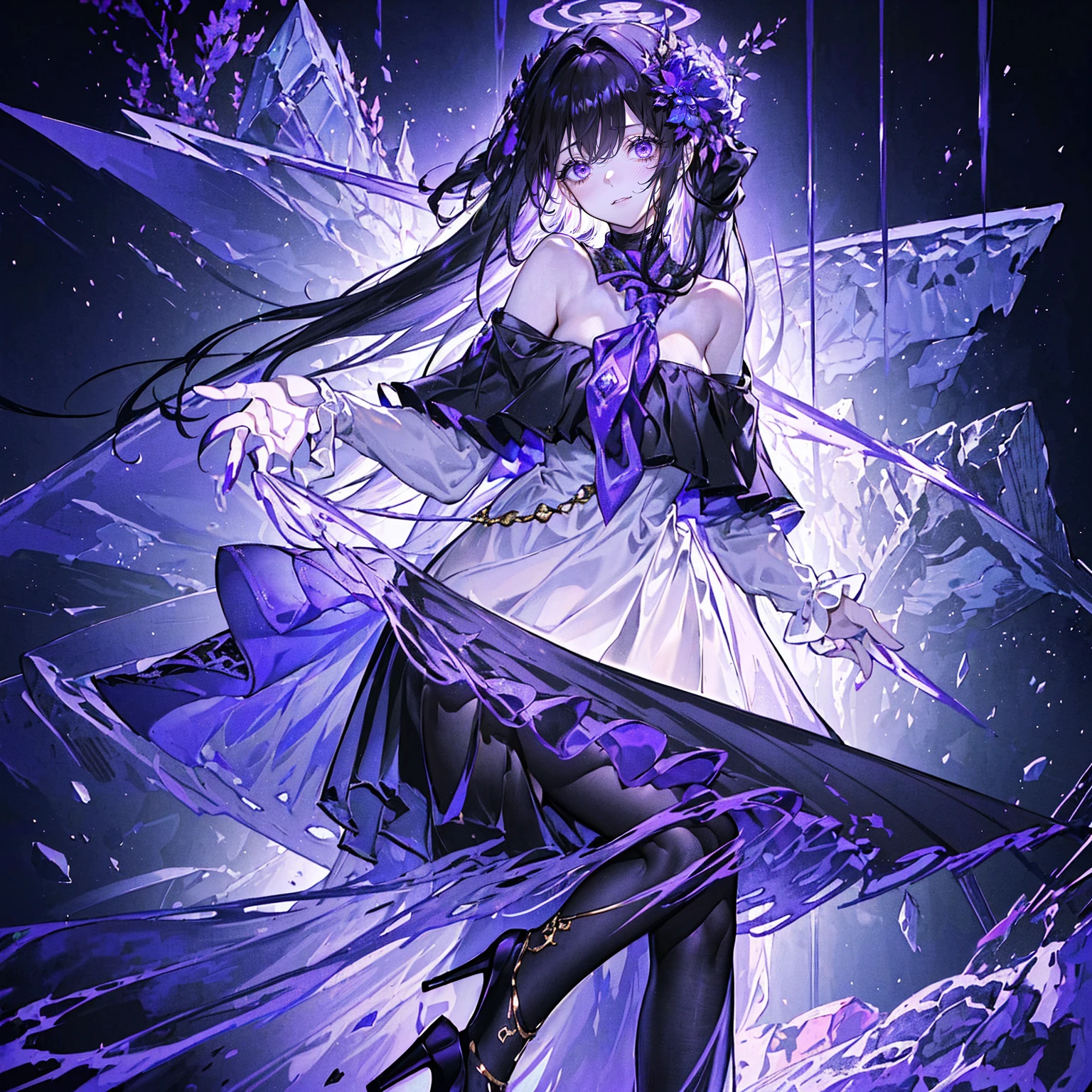 (Super detailed)),((illustration)),((masterpiece)),(((need))),((fine、Highest quality CG Unity 8K wallpapers,masterpiece),((4K,masterpiece,best quality)),woman with long black hair,Confined in a coffin,Mature,Hair tied on both sides,Black and gold tulle skirt,Black veil,Purple-white halo,Black and purple high heels,Full of flowers,pyramid,Emitting dim purple light,under deep sea,under deep sea的废墟,under deep sea排满棺材,Mysterious symbols