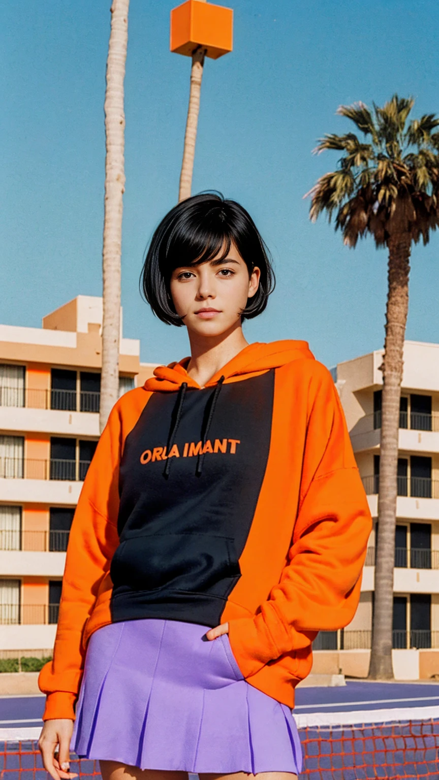 (long shot portrait :1.3), of cute 23 yo girl (perfect beautiful body ) ,beautiful face, (realistic face),wear (((orange oversized hoodie))), wear ((purple tennis skirt)),looking viewer,Best Quality,Masterpiece,Ultra High Resolution,(Realisticity:1.4),Original Photo, 1Girl, light leak,ultra high resolution,UHD,beautiful, (black bob hair), almond eye, no makeup, in front of ((80's mondrian architecture motel)), (realistic:1.2), (surreal:1.3), (very detailed:1.1), ((masterpiece)),summer, blue sky, palm trees,sunny, los angles vibes,film camera, 800mm lens,style of Philip Lorca diCorcia,beautiful face, (realistic face), (black hair, short hair:1.3)