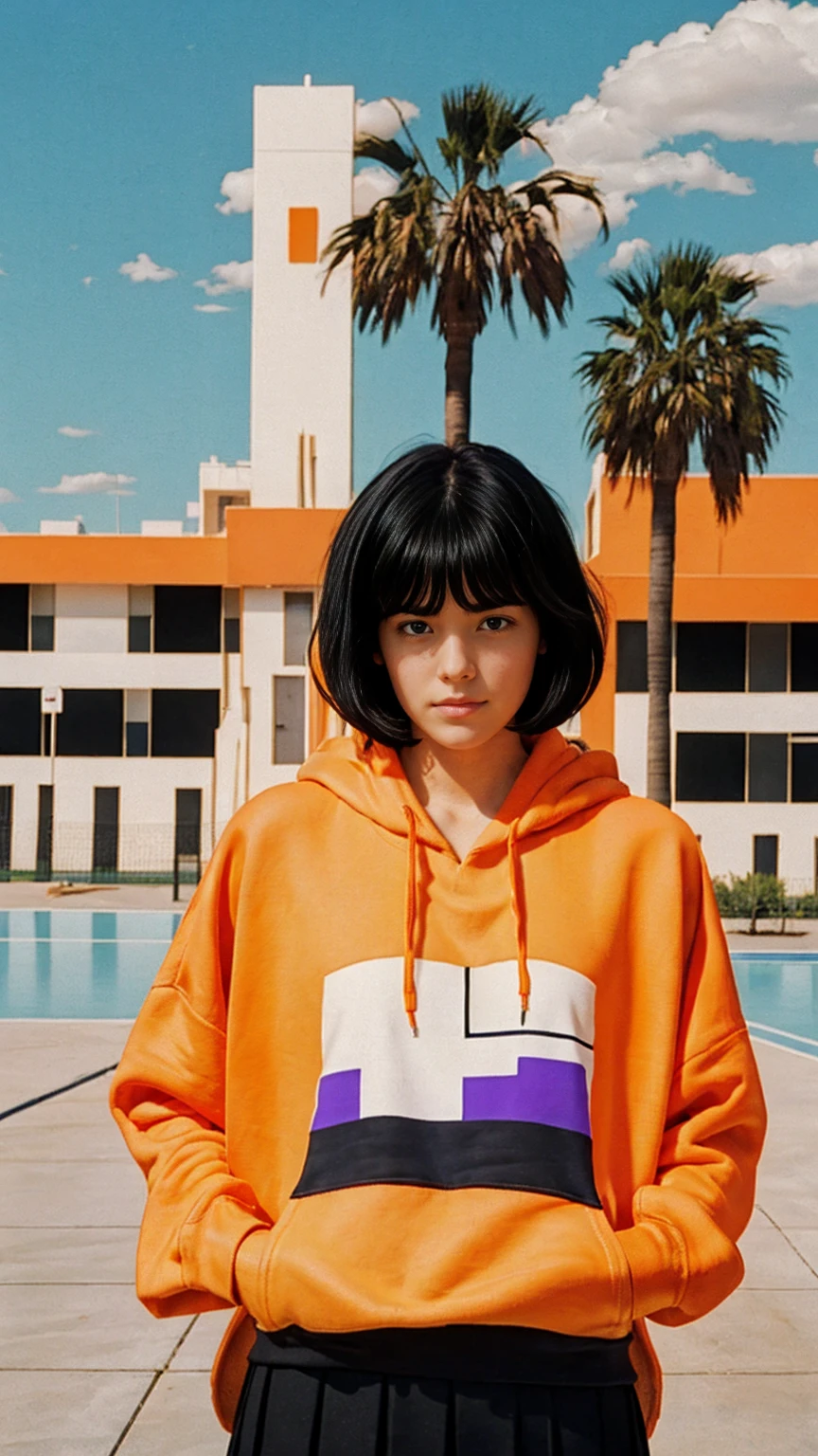 (long shot portrait :1.3), of cute 23 yo girl (perfect beautiful body ) ,beautiful face, (realistic face),wear (((orange oversized hoodie))), wear ((purple tennis skirt)),looking viewer,Best Quality,Masterpiece,Ultra High Resolution,(Realisticity:1.4),Original Photo, 1Girl, light leak,ultra high resolution,UHD,beautiful, (black bob hair), almond eye, no makeup, in front of ((80's mondrian architecture motel)), (realistic:1.2), (surreal:1.3), (very detailed:1.1), ((masterpiece)),summer, blue sky, palm trees,sunny, los angles vibes,film camera, 800mm lens,style of Philip Lorca diCorcia,beautiful face, (realistic face), (black hair, short hair:1.3)
