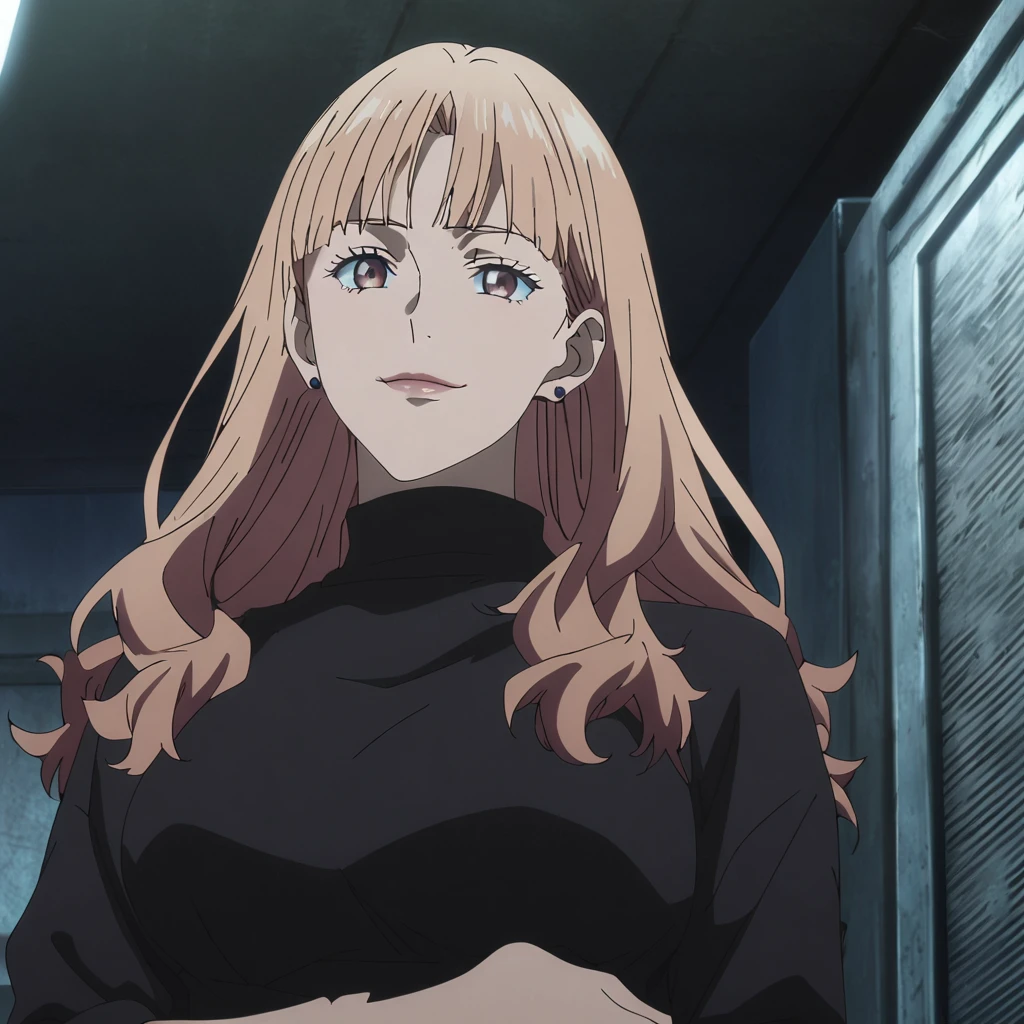 1girl, female gojo satoru, anime screencap from jujutsu kaisen, gojo satoru female version, solo, long_hair, blue eyes ((Brown_hair, wavy hair)), night view, (hanging breasts) upper_body, smile, indoors, brown_eyes, lips, (straight hair) (wearing round sunglasses) ((wearing black sweater outfit)) breast, "very detailed and high resolution" (brown eyes) ((shoulder length straight hair)) ((solo)) (front view) (earings) ((high resolution)) ((good quality)) ((bangs))