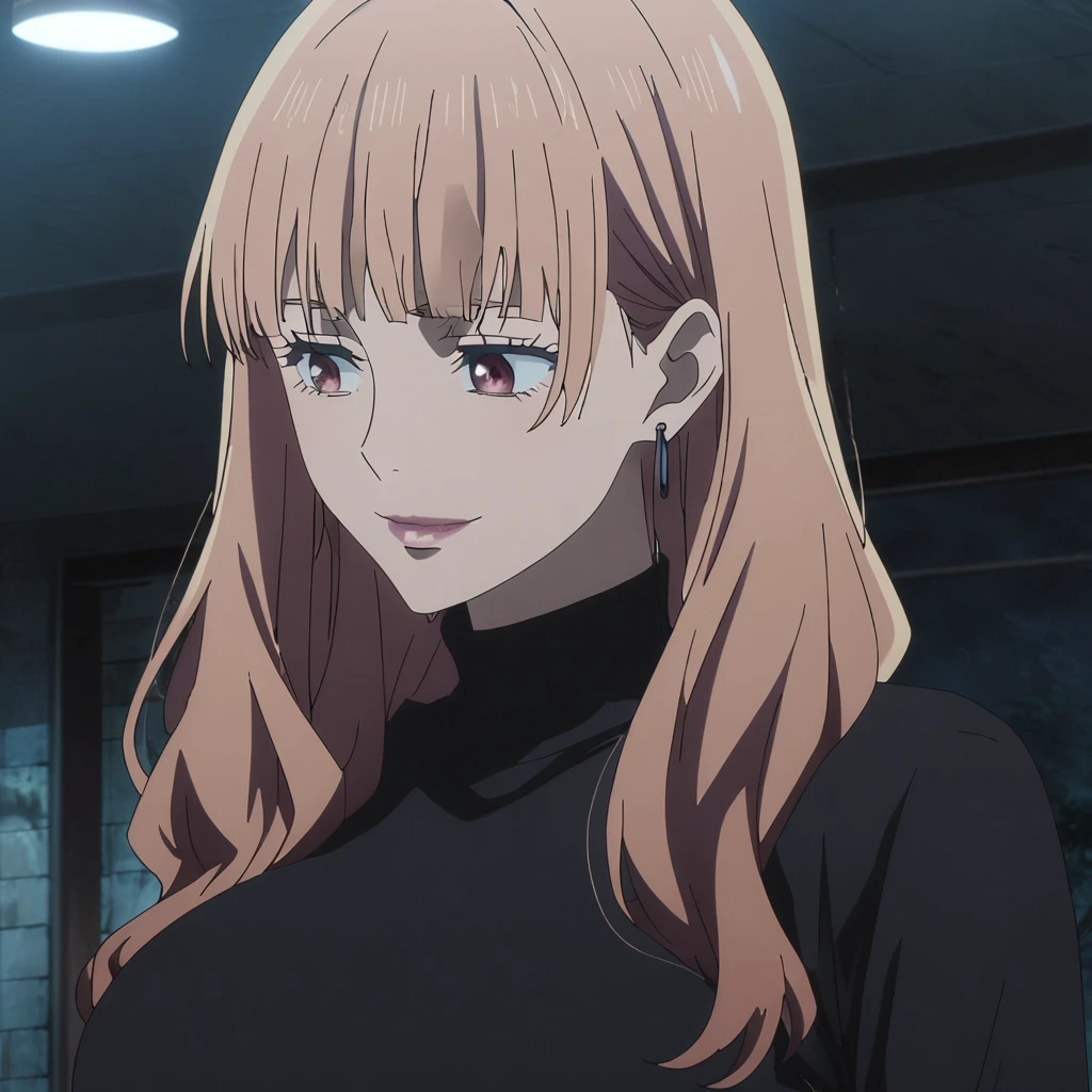 1girl, female gojo satoru, anime screencap from jujutsu kaisen, gojo satoru female version, solo, long_hair, blue eyes ((Brown_hair, wavy hair)), night view, (hanging breasts) upper_body, smile, indoors, brown_eyes, lips, (straight hair) (wearing round sunglasses) ((wearing black sweater outfit)) breast, "very detailed and high resolution" (brown eyes) ((shoulder length straight hair)) ((solo)) (front view) (earings) ((high resolution)) ((good quality)) ((bangs))