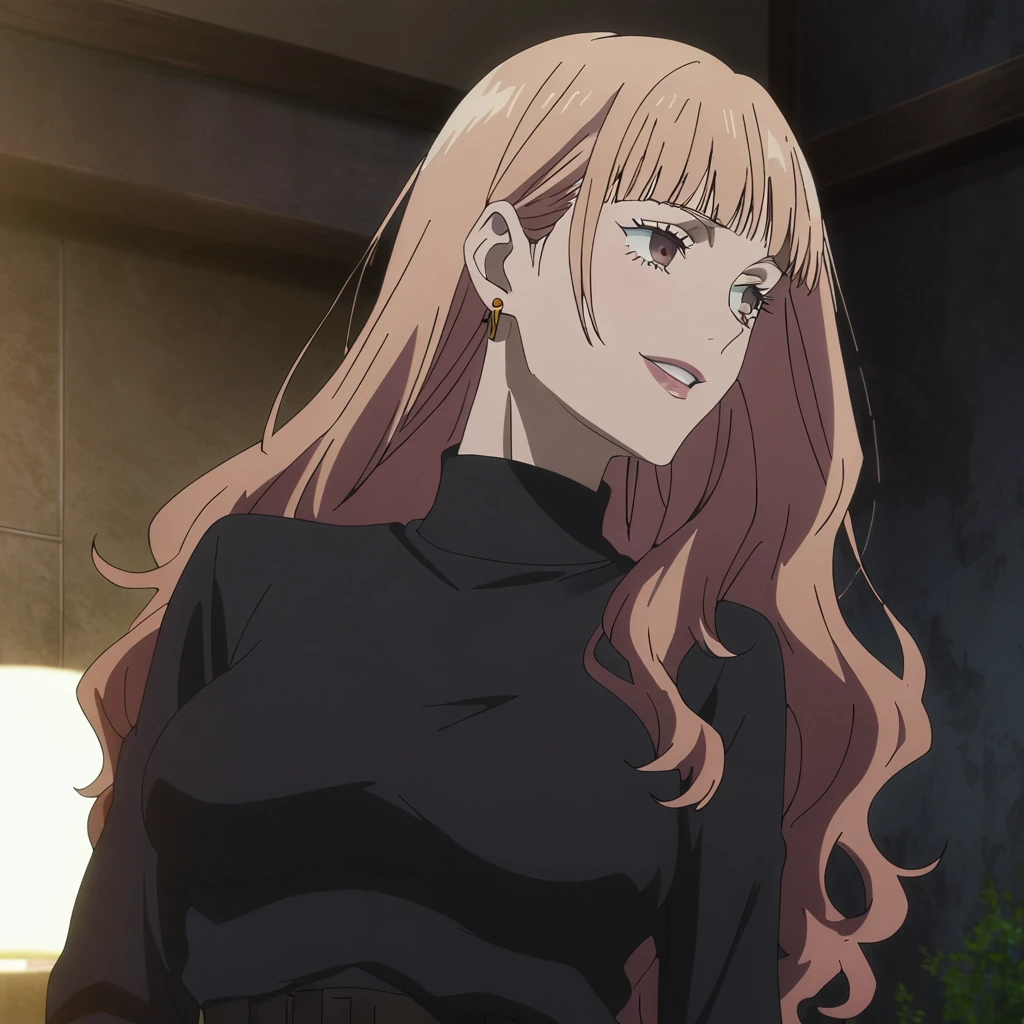 1girl, female gojo satoru, anime screencap from jujutsu kaisen, gojo satoru female version, solo, long_hair, blue eyes ((Brown_hair, wavy hair)), night view, (hanging breasts) upper_body, smile, indoors, brown_eyes, lips, (straight hair) (wearing round sunglasses) ((wearing black sweater outfit)) breast, "very detailed and high resolution" (brown eyes) ((shoulder length straight hair)) ((solo)) (front view) (earings) ((high resolution)) ((good quality)) ((bangs)) 