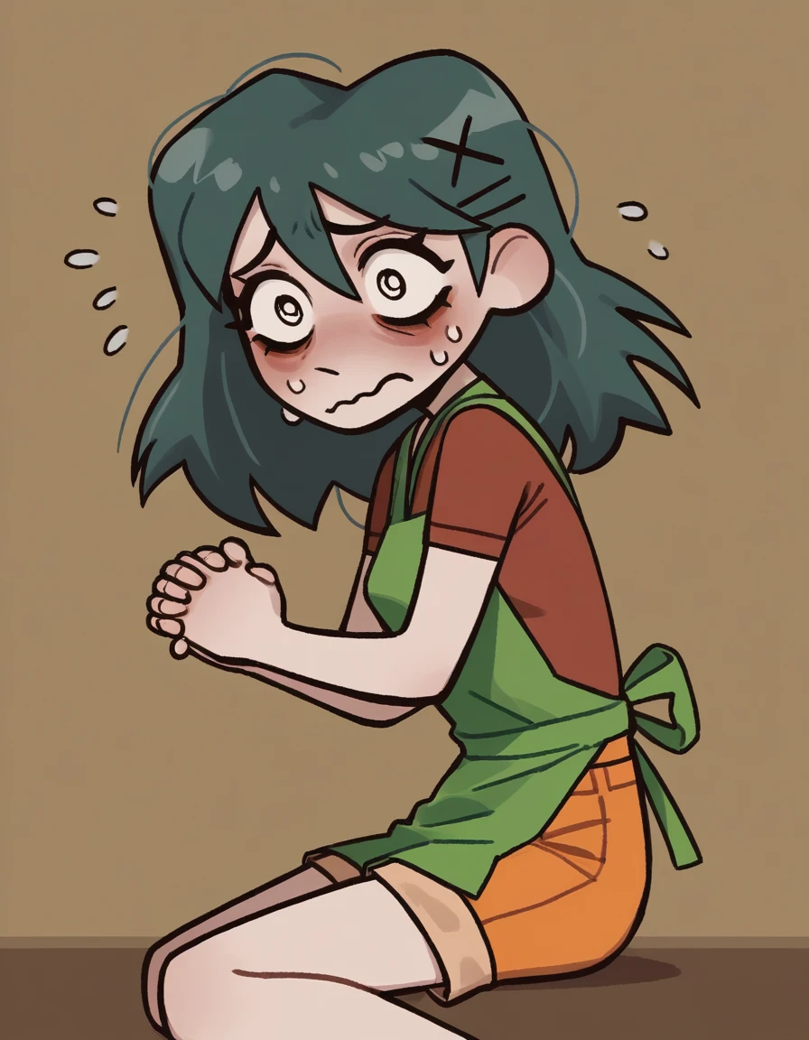solo, Laceys_game, 1girl, orange_shorts, green apron, own hands together,  score_5_up, score_4_up, score_6_up, petshop, on side, inroom, nervous sweating legging preta Big tits