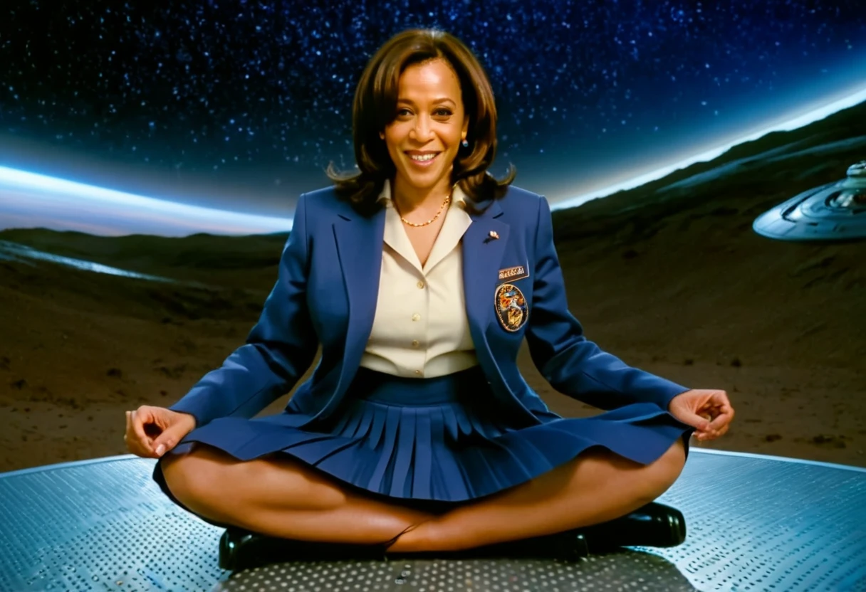 Insatiable Skirt lover and kind, shy woman Kamala Harris has Intense Orgasming love for her skirt, sitting and wearing (long pleated full circle skirt), uniform jacket and strapless low pump office shoes, (pronounced (feminine) features), (very windy), skirt is flowing wildly in the wind, inside a spaceship travelling through deep space, very, very intricate hyper-detailed symmetric (attractive graceful young feminine face) with (sad, tired eyes and a loving smile), very voluptuous breasts, full of empathy and compassion and love, (pronounced (feminine) features), (highly detailed ultra accurate realistic) hands and fingers, (windy), epic composition, highly detailed attributes, (35mm f1.4 Kodak portra 400 photograph), extremely high quality RAW photograph, highly detailed atmosphere, sci-fi, cinematic shot, dynamic lighting, 75mm, Technicolor, Panavision, cinemascope, sharp focus, fine details, 8k, HDR, realism, realistic, key visual, film still, superb cinematic color grading, depth of field