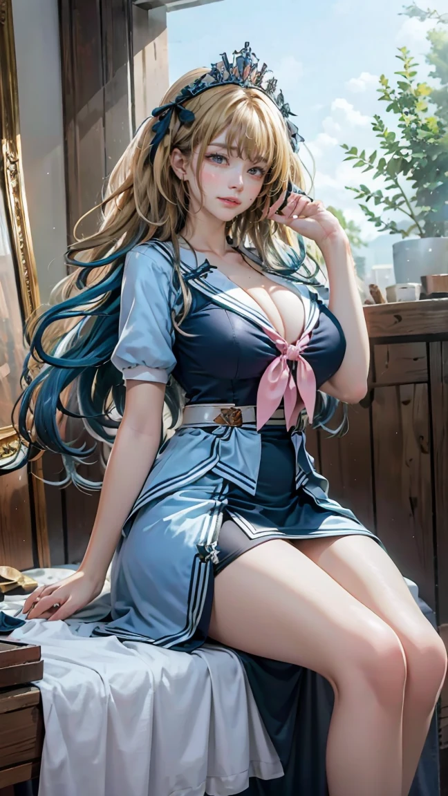 Best quality, masterpiece, ultra high res, raw photo, beautiful and aesthetic, deep shadow, fairy theme,(ultra detailed:1.3),
1girl, sitting pose, headdress, (beautiful face, detailed eye:1.2), embarrassed, drill hair, long hair, blonde hair, gradient hair, yellow eyes, solo, (busty breasts, gigantic breasts:1.1), big hair, blue hair, divine goddess, looking at viewer, indoors, royal palace, luxurious bedroom, canopy bed, candlelight, room full of curtain, astraea, full body, bow,pink dress,short sleeves,sailor collar,