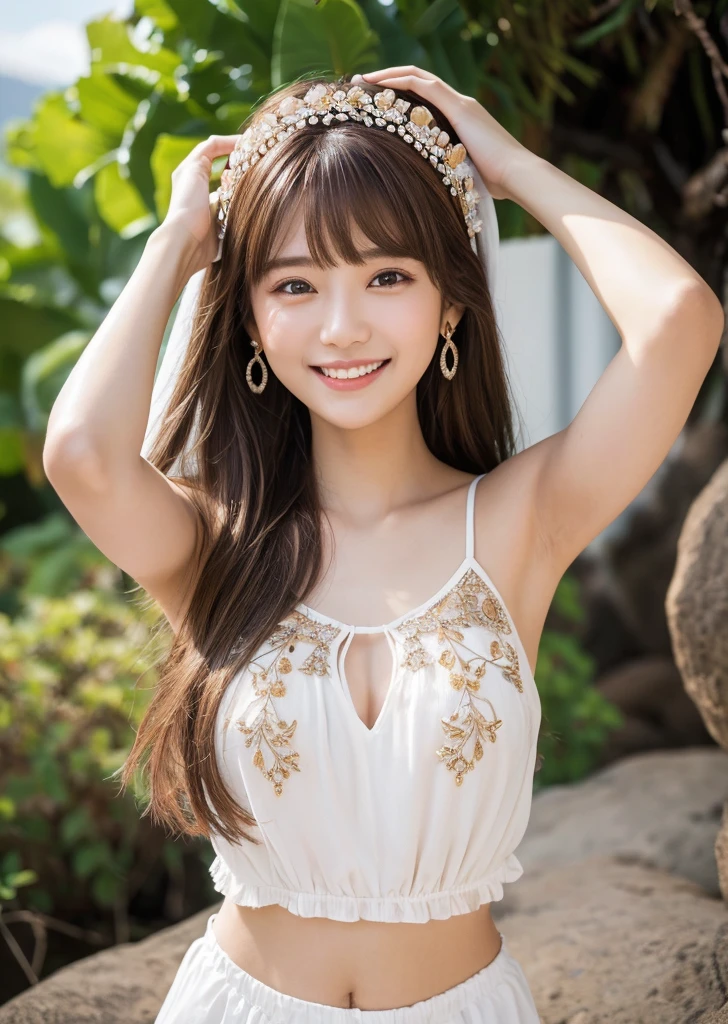 Eat pancakes,Flat Chest、(Slim body）、((Slim body))、Long Hair,bangs,,masterpiece,diamond、Earrings,background of fantasy,(((Brown Hair)))、 hair ornaments,Headband,（Brown Hair）, White tank top、Waimea Canyon、There is a rainbow in the sky、Hawaii、 Highest quality, High resolution, unity 8k wallpaper, (shape:0.8), (Beautiful details:1.6), Highly detailed face, Sing happily、looking at the camera、laugh、smile、whole body、
