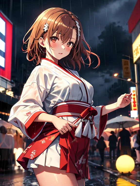 Bon dance, Dancing in the Rain, (masterpiece), highest quality, Misaka Mikoto, 1girl, uhd, retina, masterpiece, ccurate, anatomically correct, textured skin, super detail, high details, high quality, best quality, highres, 4K