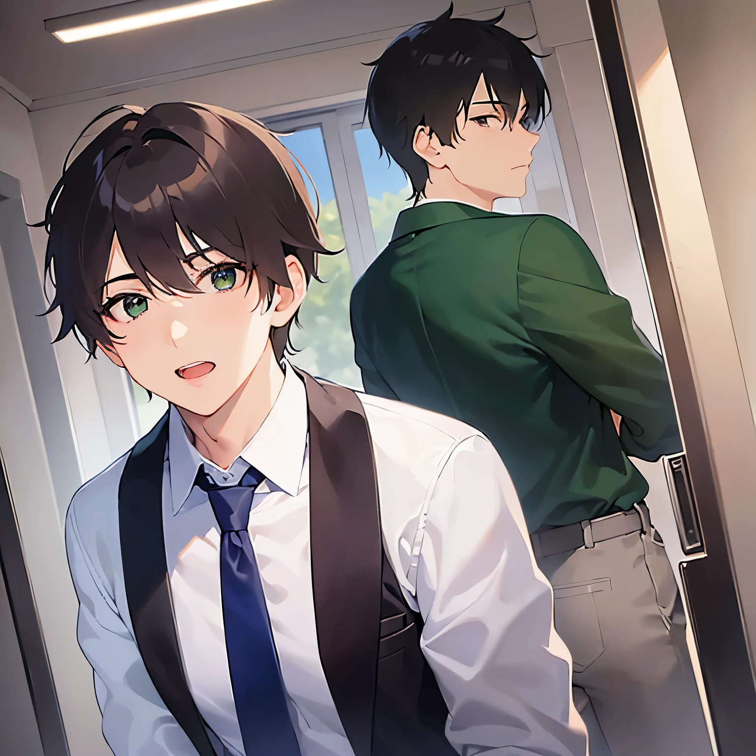 (looking back:1.5)、masterpiece、Highest quality、(25-year-old male:1.5) and (Brown short hair) and (Green Eyes), (Wearing a white shirt:1.3) and (Blue tie)、
surprised、The background is the office lobby.、(Alone:1.5),open mouth