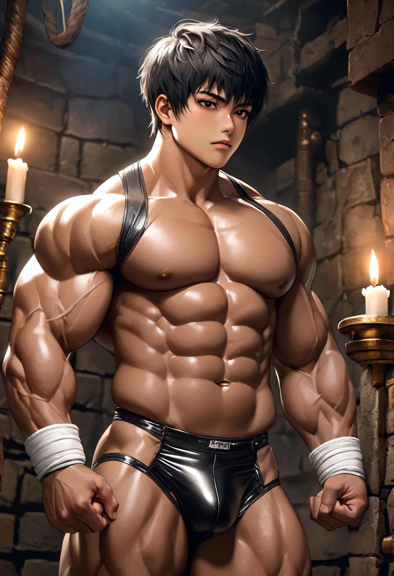 high quality, detailed, Realistic,flexing, (19 years old japanese bulky wrestler boy), (detailed black eyes), (black short hair), (muscle:1.5), (dark skin), dungeon, (leather tiny thongs), (bulge:1.2), candle, detailed nipples, 