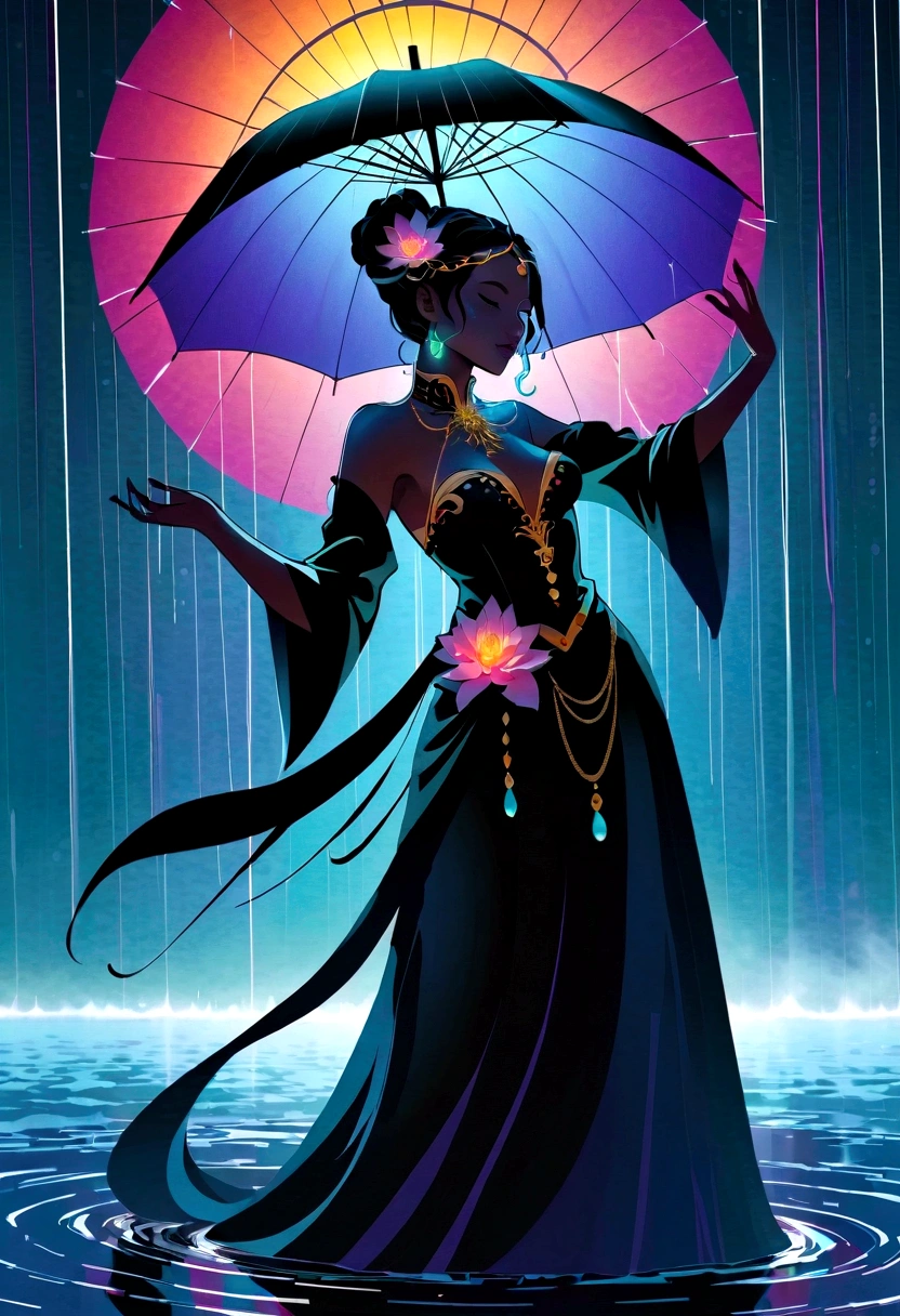 (rainstorm:1.5),Rain splash,Huge waterspout,In the middle of the lake, Mysterious female black silhouette in the middle of the night, Surrounded by glowing spheres, Summoners dance to appease the spirits of the dead. Ceremonial canvas clothing. Sensual. Multiple magic arrays. Dynamic dance. Water Lily. Colorful palette.