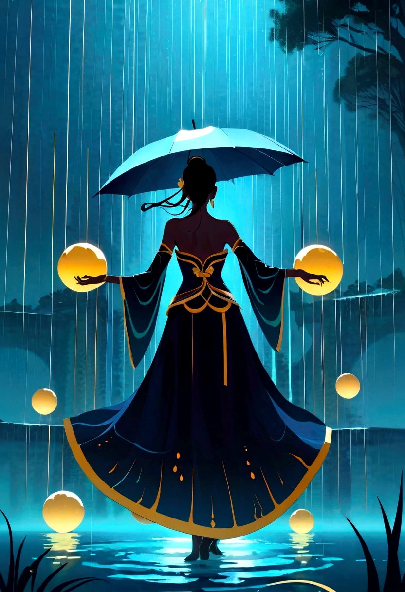 (rainstorm:1.5),Rain splash,Huge waterspout,In the middle of the lake, Mysterious female black silhouette in the middle of the night, Surrounded by glowing spheres, Summoners dance to appease the spirits of the dead. Ceremonial canvas clothing. Sensual. Multiple magic arrays. Dynamic dance. Water Lily. Colorful palette.
