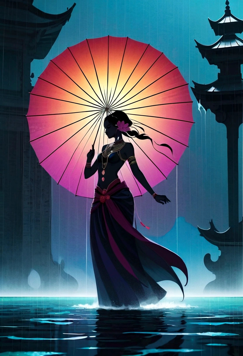 (rainstorm:1.5)，Rain splash，Huge waterspout，In the middle of the lake, Mysterious female black silhouette in the middle of the night, Surrounded by glowing spheres, Summoners dance to appease the spirits of the dead. Ceremonial canvas clothing. Sensual. Multiple magic arrays. Dynamic dance. Water Lily. Colorful palette.