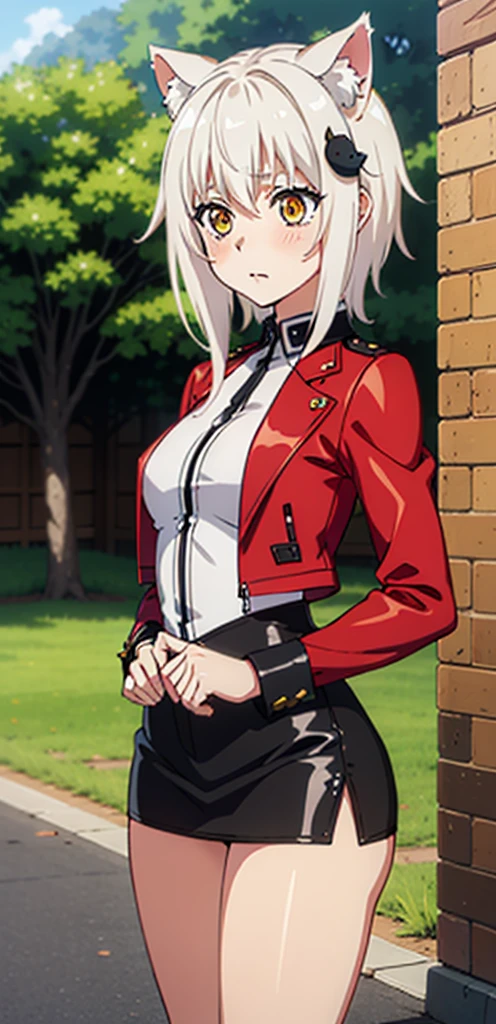 best quality, (masterpiece:1.2), highly detailed, cat ears, 1girl, tojou koneko, yellow eyes, white hair, short hair, hair ornament, 20-year-old, healthy skin, blushed,(ringed eyes ),((leather clothes)), outdoors