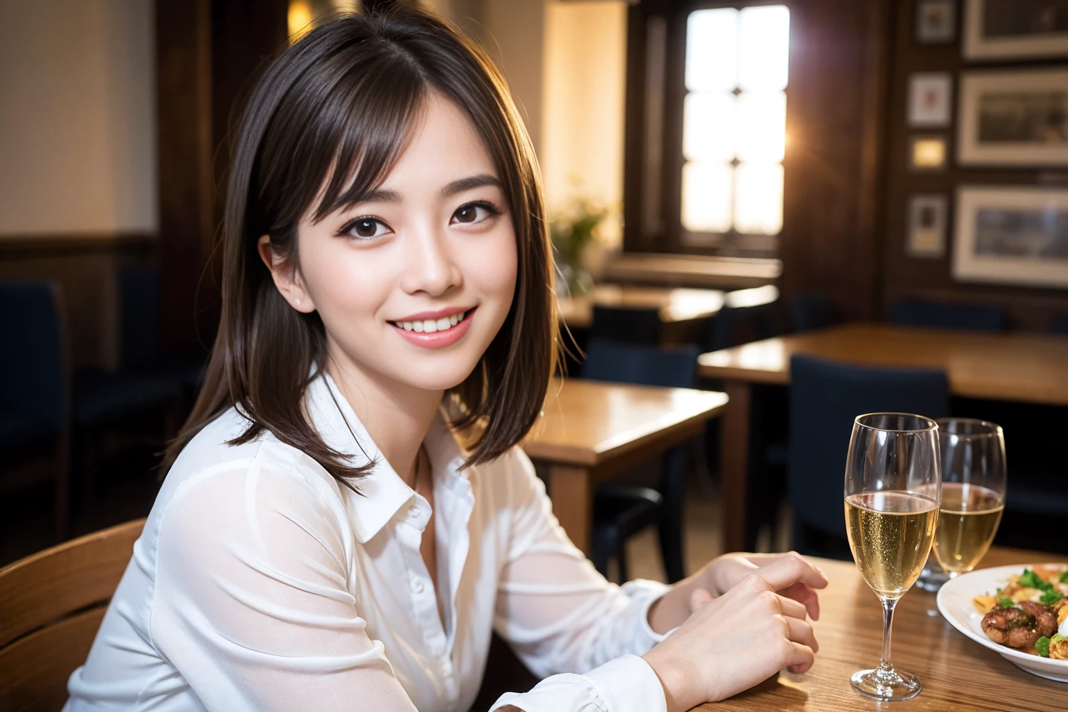 ((Highest quality、8K、masterpiece:1.3))、Slim Couple、Model Couple、Beautiful woman 1, (Slim face),(Realistic, Intricate details:1.2), full-course dinner、Wine Party、Amazing view of the sunset sky and clouds、A bright smile、The wonderfulness of smile、Bright image、The beauty of wine, Beautiful Face, blue eyes, The light shines on your face, Blushing, short hair,Bright Face、 (Age 37), Age 34, red wine 、Appetizers、Italian food、Wine bottle、Champagne、sparkling wine、Two beauties、Brown Hair、Shortcuts、Long sleeve shirt、dress、 (The body is スリム), (Brown Hair), (Shortcuts), (smile: 1.15), Beautiful fine grain, Depth f/2,saturation, High Contrast, Strong light and shadow,Moist Body:1.5、3D texture、Delicate eyes、Brown Hair、The hair is very shiny、
