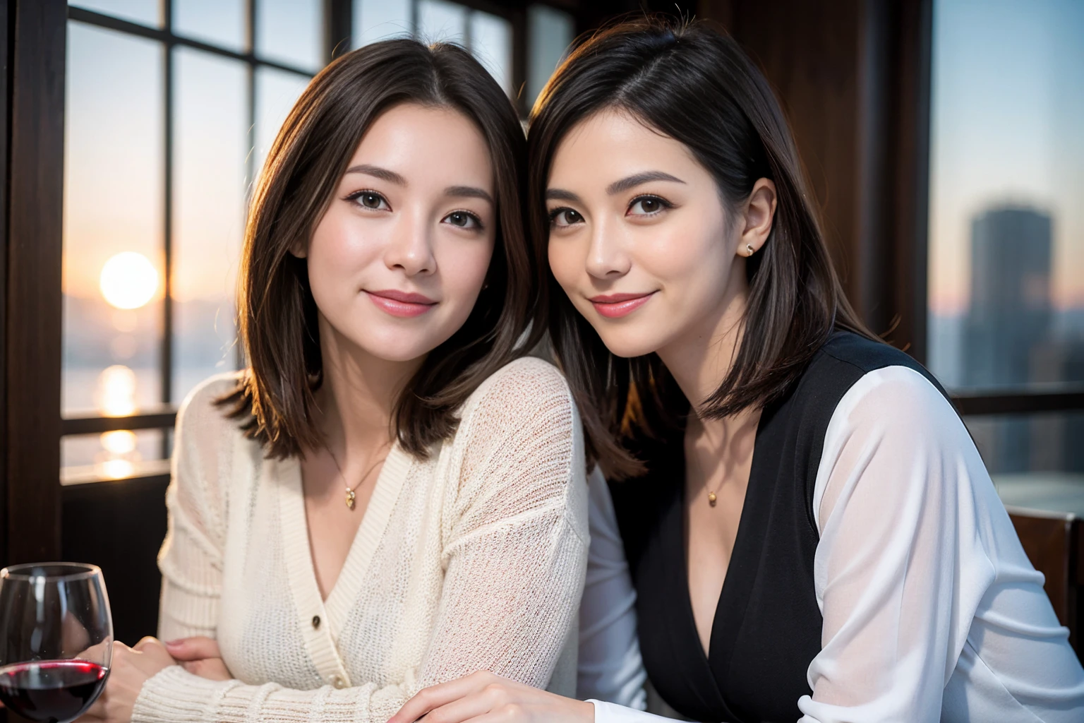 ((Highest quality、8K、masterpiece:1.3))、Slim Couple、Model Couple、Beautiful woman 1, (Slim face),(Realistic, Intricate details:1.2), full-course dinner、Wine Party、Amazing view of the sunset sky and clouds、A bright smile、The wonderfulness of smile、Bright image、The beauty of wine, Beautiful Face, blue eyes, The light shines on your face, Blushing, short hair,Bright Face、 (Age 37), Age 34, red wine 、Appetizers、Italian food、Wine bottle、Champagne、sparkling wine、Two beauties、Brown Hair、Shortcuts、Long sleeve shirt、dress、 (The body is スリム), (Brown Hair), (Shortcuts), (smile: 1.15), Beautiful fine grain, Depth f/2,saturation, High Contrast, Strong light and shadow,Moist Body:1.5、3D texture、Delicate eyes、Brown Hair、The hair is very shiny、