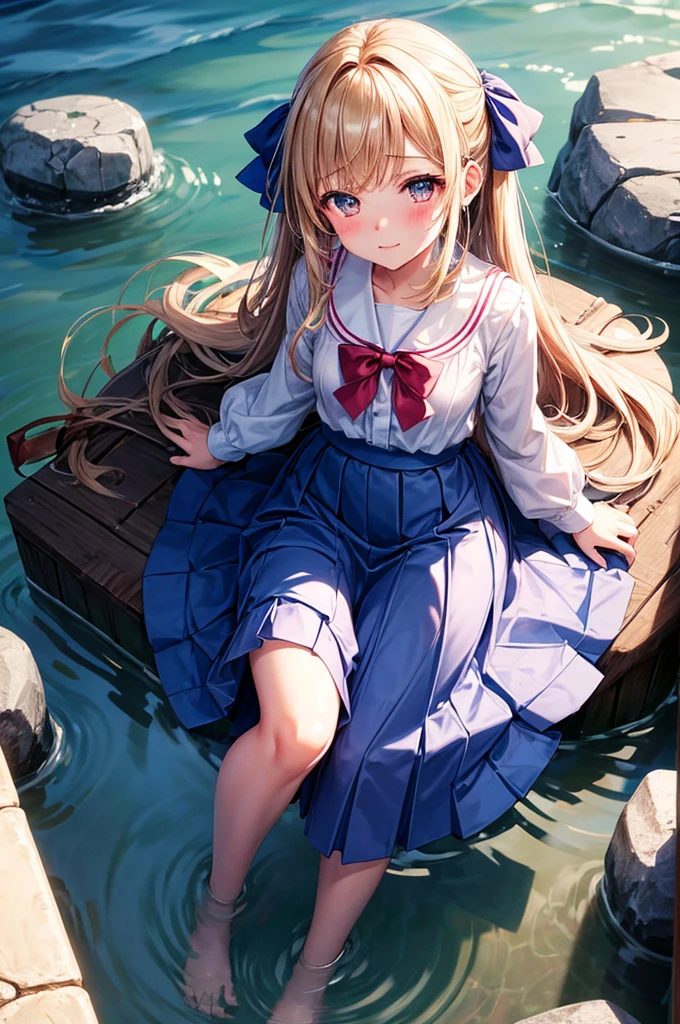 From above, (Squint your eyes:1.2), close, One Girl, blush, sit, Browsing Caution,beautiful girl Wear a uniform, Light blue skirt, Long skirt, small bow, small bow, Anime movies、Wet feet、Wet feet