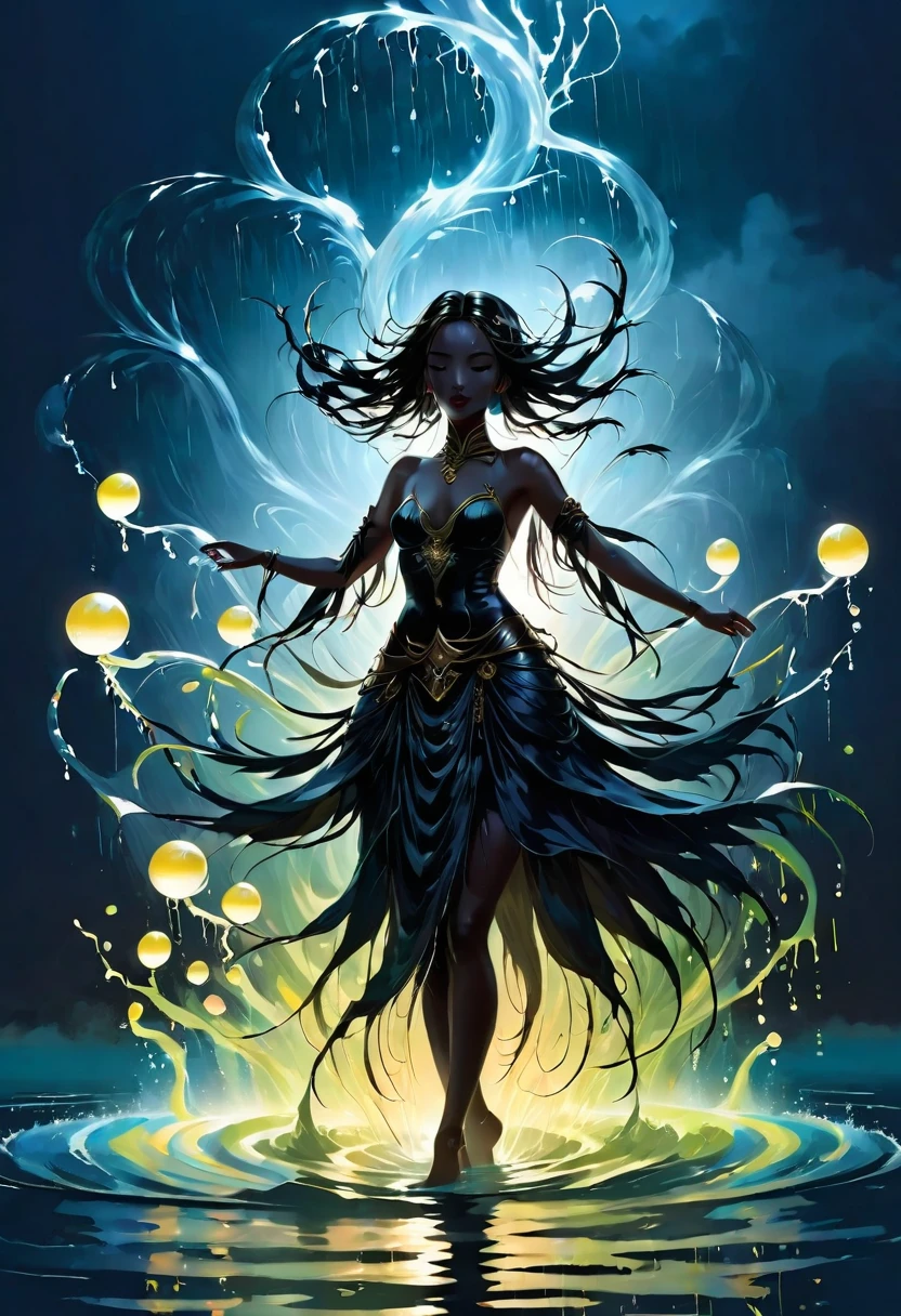 (rainstorm:1.5)，Rain splash，Huge waterspout，In the middle of the lake, Mysterious female black silhouette in the middle of the night, Surrounded by glowing spheres, Summoners dance to appease the spirits of the dead. Ceremonial canvas clothing. Sensual. Multiple magic arrays. Dynamic dance. Water Lily. Colorful palette.