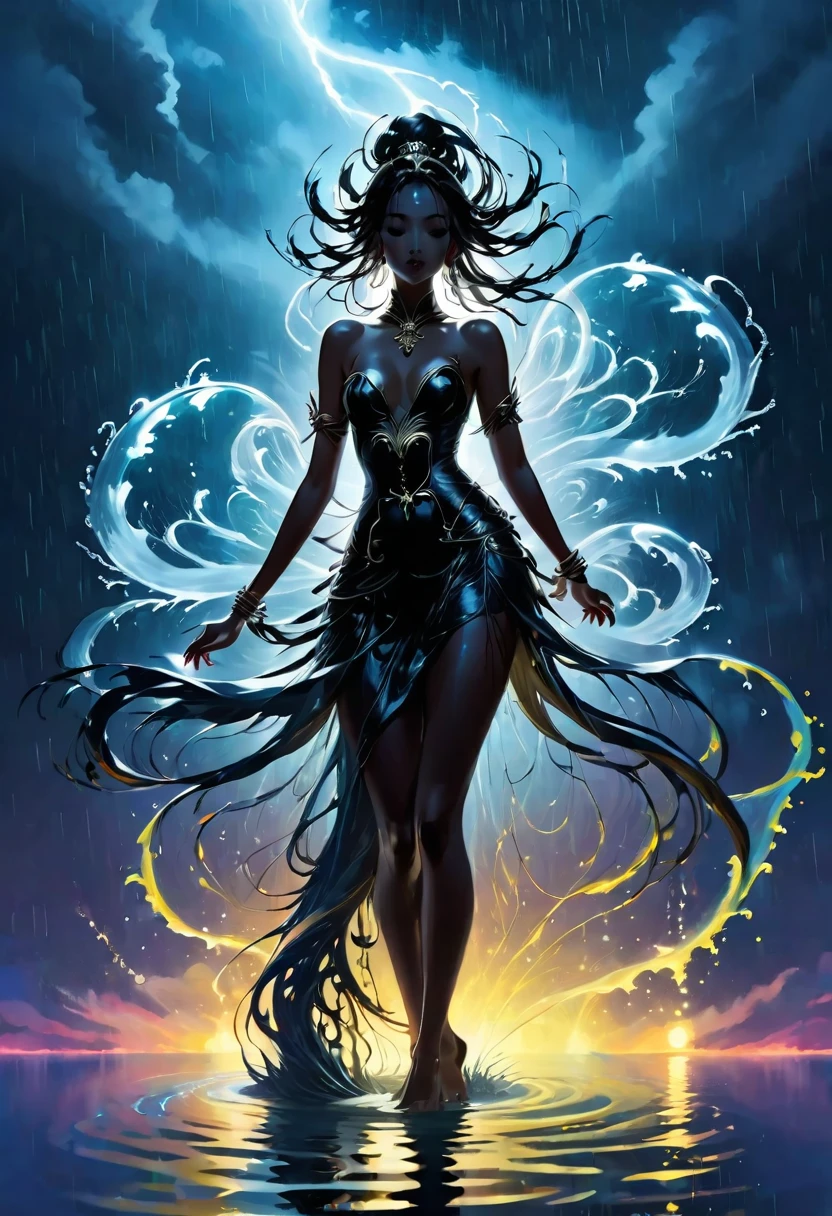 (rainstorm:1.5)，Rain splash，Huge waterspout，In the middle of the lake, Mysterious female black silhouette in the middle of the night, Surrounded by glowing spheres, Summoners dance to appease the spirits of the dead. Ceremonial canvas clothing. Sensual. Multiple magic arrays. Dynamic dance. Water Lily. Colorful palette.