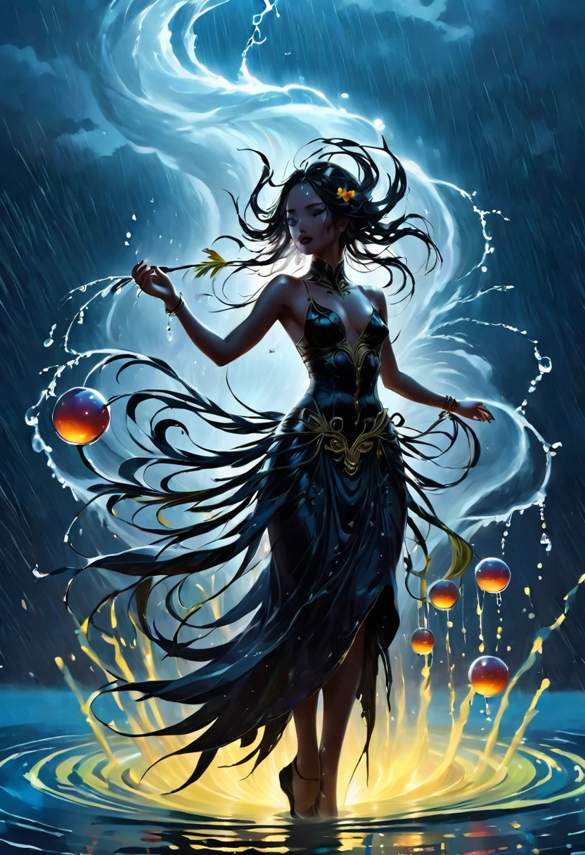 (rainstorm:1.5)，Rain splash，Huge waterspout，In the middle of the lake, Mysterious female black silhouette in the middle of the night, Surrounded by glowing spheres, Summoners dance to appease the spirits of the dead. Ceremonial canvas clothing. Sensual. Multiple magic arrays. Dynamic dance. Water Lily. Colorful palette.