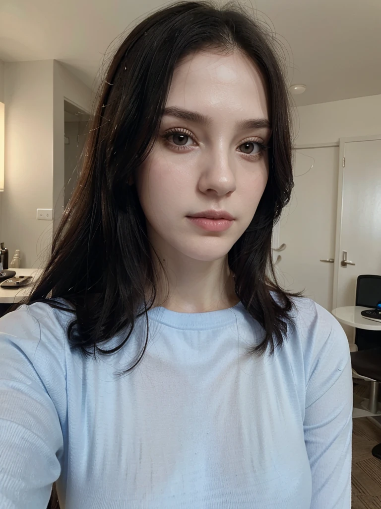 Selfie, Ultrarealistic, (pale skin), black hair, cleavage, blue long sleeve top, upper body, hotel room, (selfy with front camera)