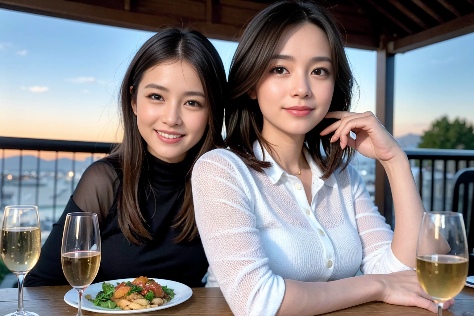 ((Highest quality、8K、masterpiece:1.3))、Slim Couple、Model Couple、Beautiful woman 1, (Slim face),(Realistic, Intricate details:1.2), full-course dinner、Wine Party、Amazing view of the sunset sky and clouds、A bright smile、The wonderfulness of smile、Bright image、The beauty of wine, Beautiful Face, blue eyes, The light shines on your face, Blushing, short hair,Bright Face、 (Age 37), Age 34, red wine 、Appetizers、Italian food、Wine bottle、Champagne、sparkling wine、Two beauties、Brown Hair、Shortcuts、Long sleeve shirt、dress、 (The body is スリム), (Brown Hair), (Shortcuts), (smile: 1.15), Beautiful fine grain, Depth f/2,saturation, High Contrast, Strong light and shadow,Moist Body:1.5、3D texture、Delicate eyes、Brown Hair、The hair is very shiny、