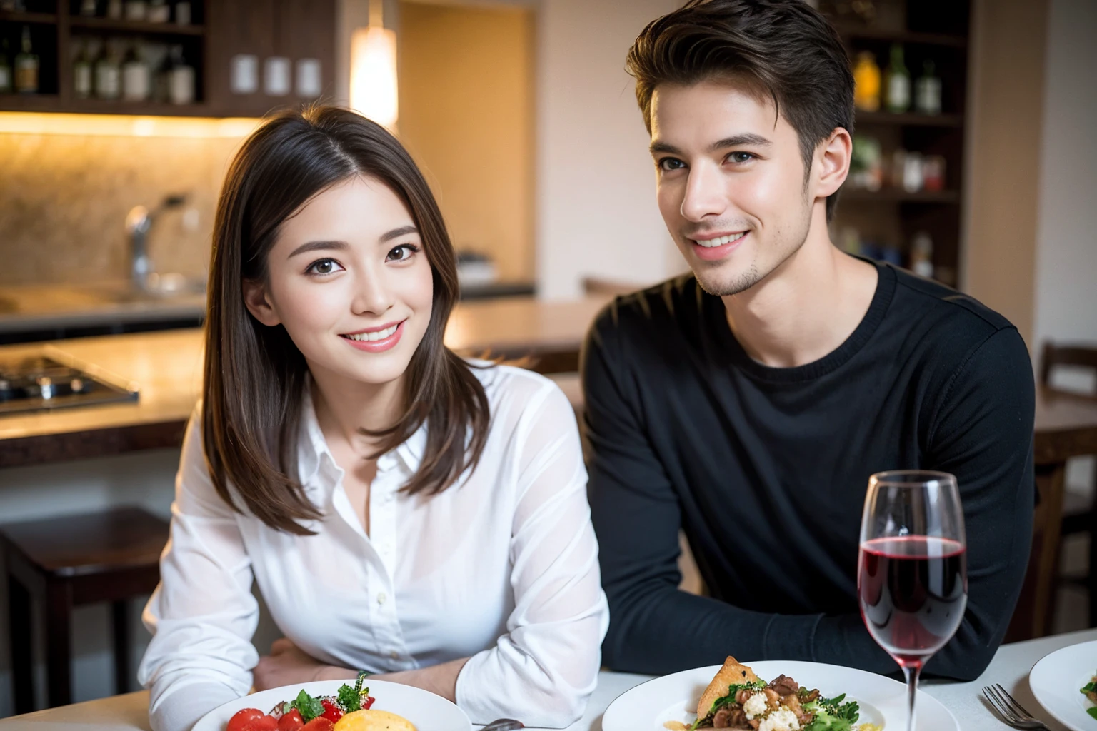 ((Highest quality、8K、masterpiece:1.3))、Slim Couple、Model Couple、Beautiful woman 1, (Slim face),(Realistic, Intricate details:1.2), full-course dinner、Wine Party、Amazing view of the sunset sky and clouds、A bright smile、The wonderfulness of smile、Bright image、The beauty of wine, Beautiful Face, blue eyes, The light shines on your face, Blushing, short hair,Bright Face、 (Age 37), Age 34, red wine 、Appetizers、Italian food、Wine bottle、Champagne、sparkling wine、Two beauties、Brown Hair、Shortcuts、Long sleeve shirt、dress、 (The body is スリム), (Brown Hair), (Shortcuts), (smile: 1.15), Beautiful fine grain, Depth f/2,saturation, High Contrast, Strong light and shadow,Moist Body:1.5、3D texture、Delicate eyes、Brown Hair、The hair is very shiny、