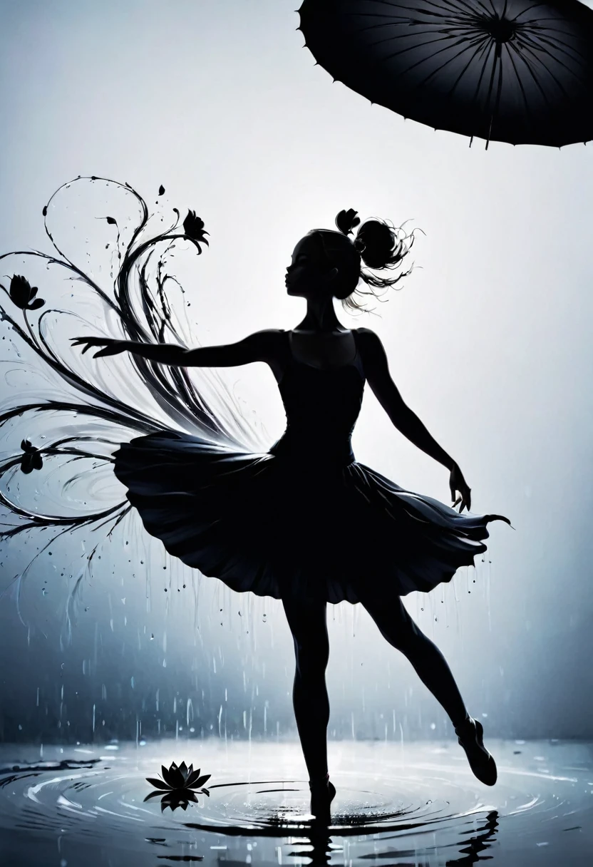 rainstorm，Rain splash，Huge waterspout，Girl shows black silhouette,Contrast with bright background,ballet silhouette,High contrast,Silhouette ballerina on the lake,lotus, lily pad，Shooting against the light，