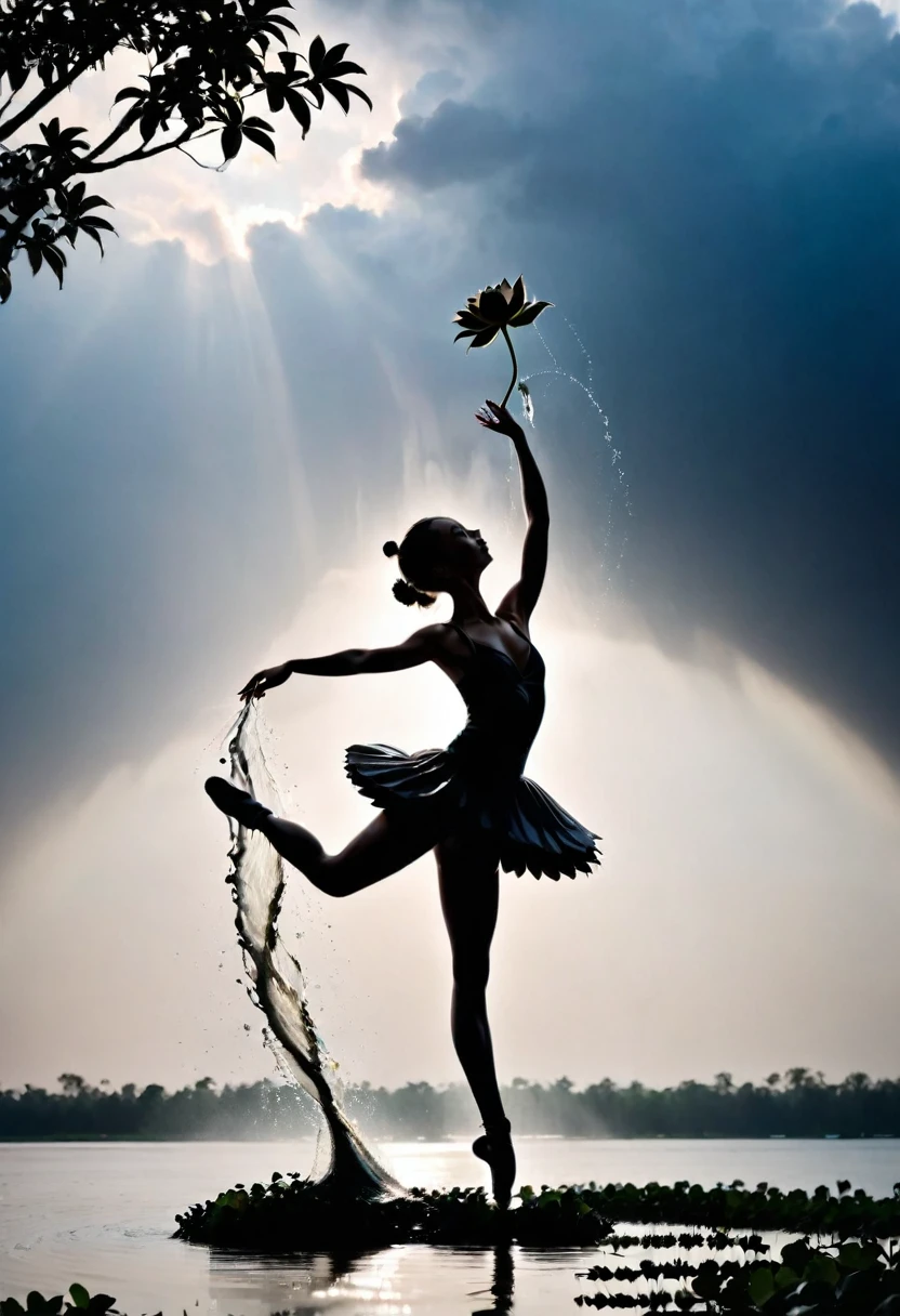 rainstorm,Rain splash,Huge waterspout,Girl shows black silhouette,Contrast with bright background,ballet silhouette,High contrast,Silhouette ballerina on the lake,lotus, lily pad,Shooting against the light,