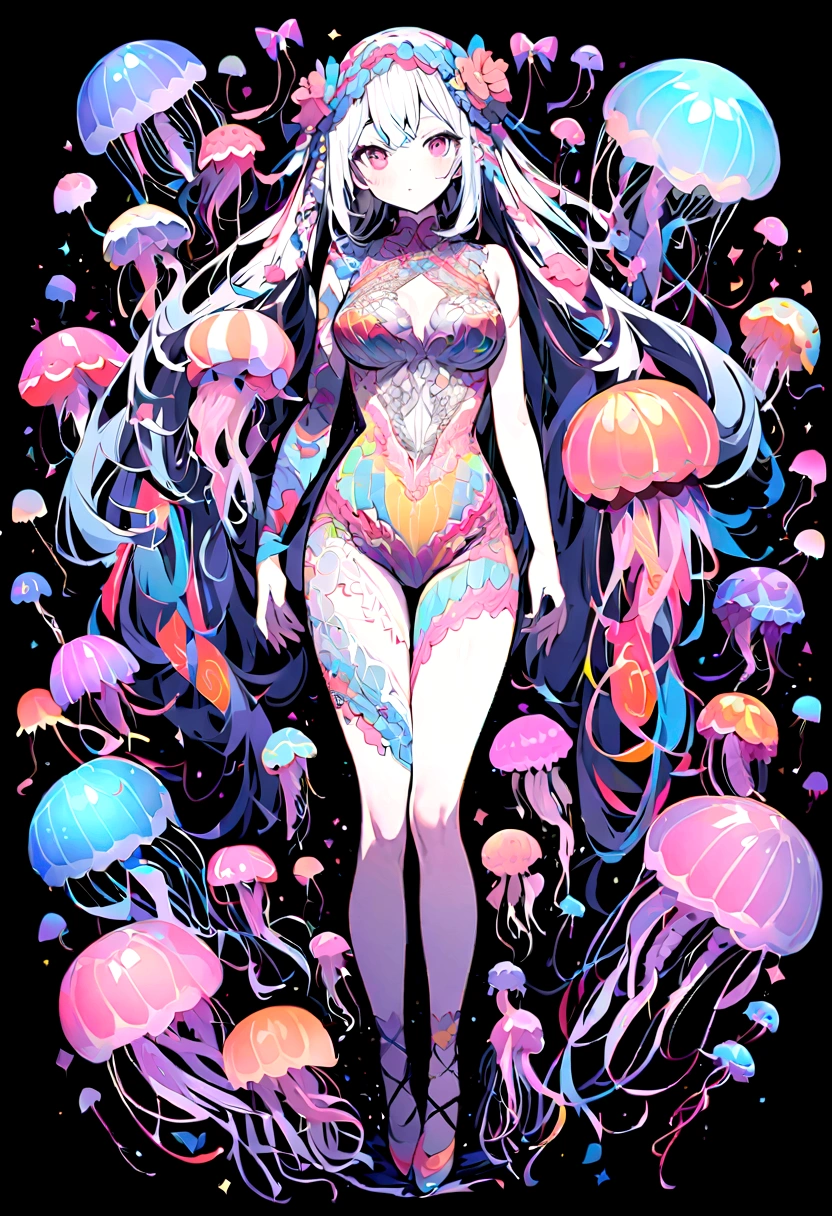 white color、jellyfish hair arrangement、female high-school student、fly、Background Black、Draw the entire body.